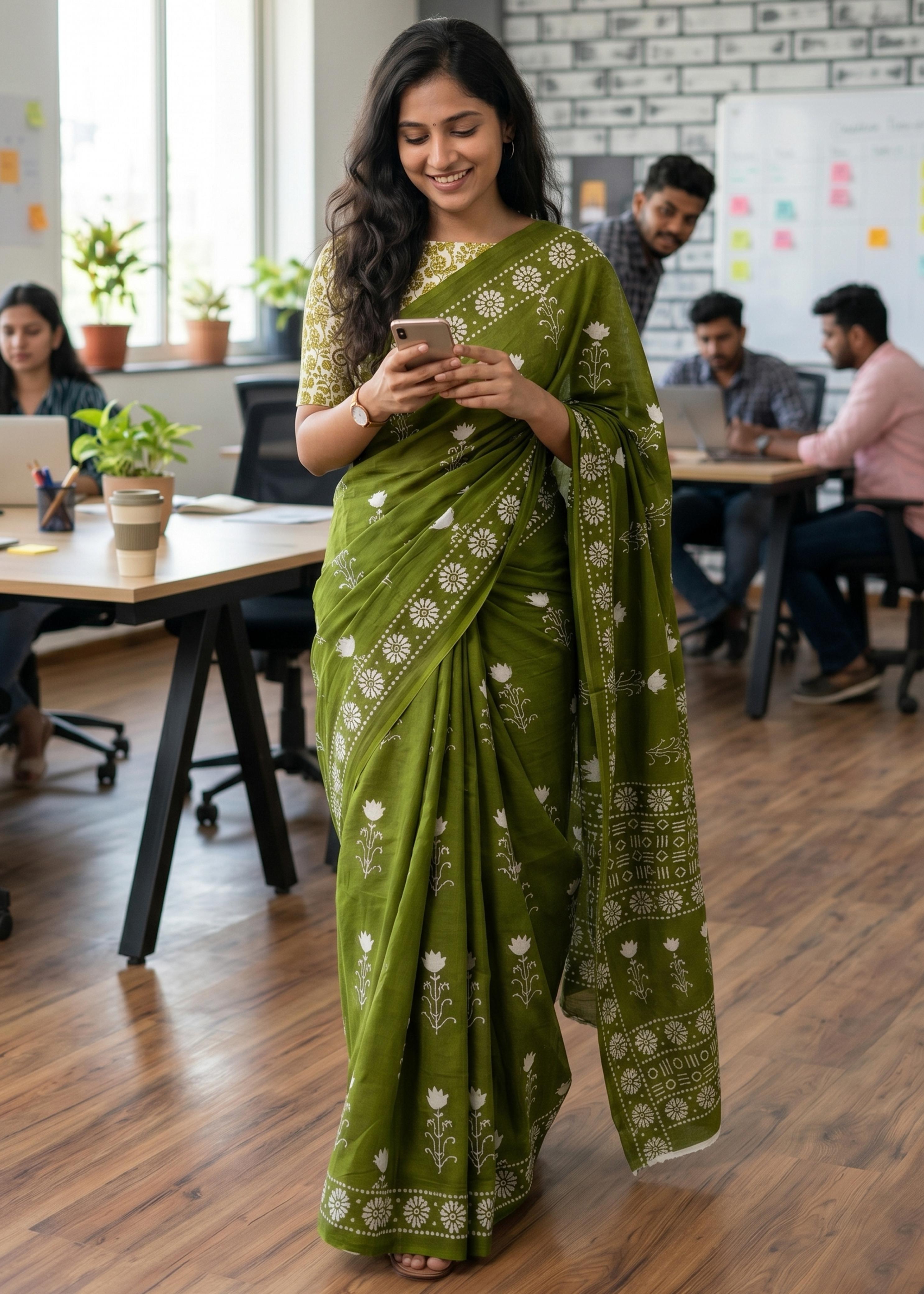 Green Mulmul Cotton Hand Block Print Cotton Saree