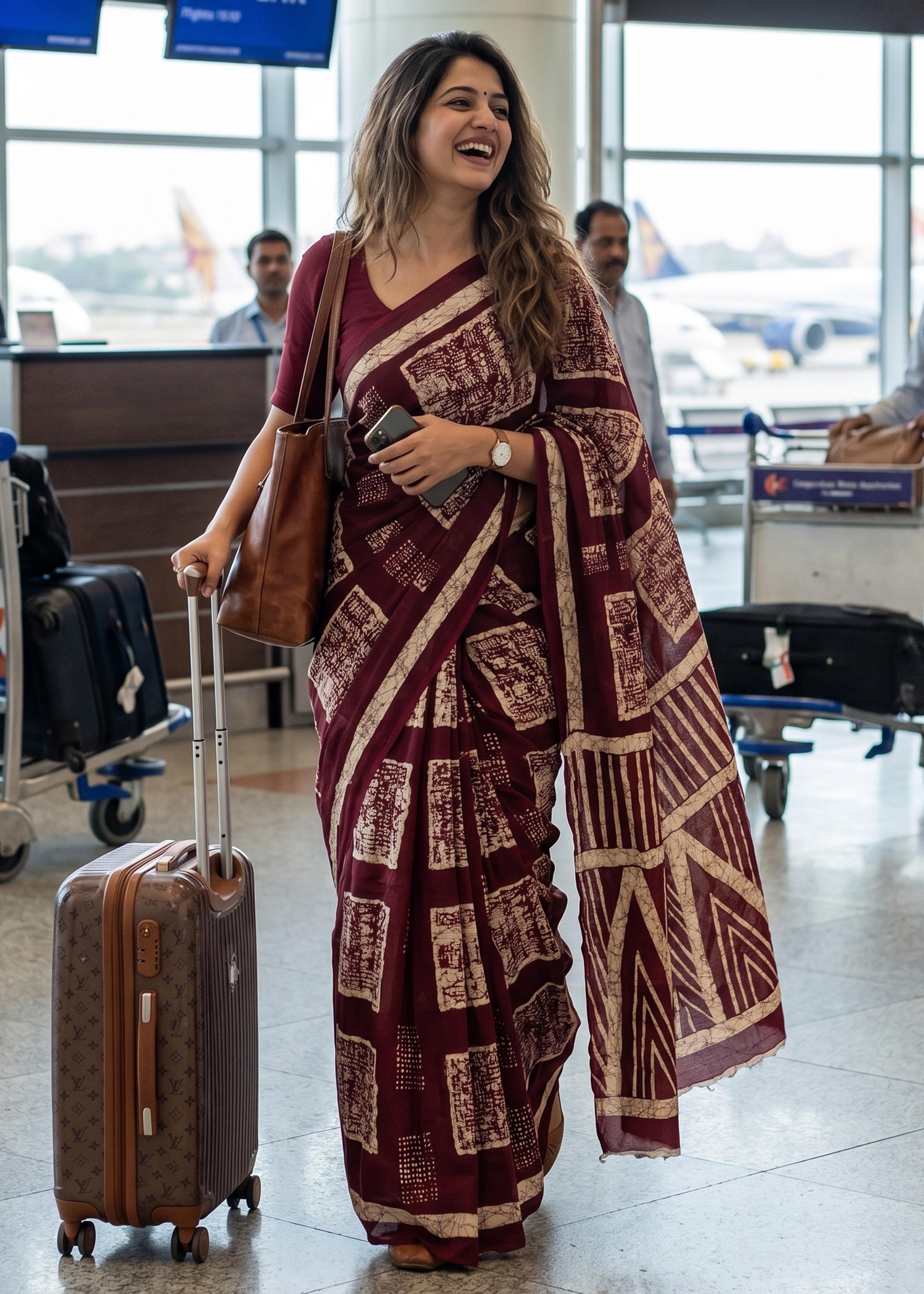 Wine Mulmul Cotton Hand Block Print Cotton Saree