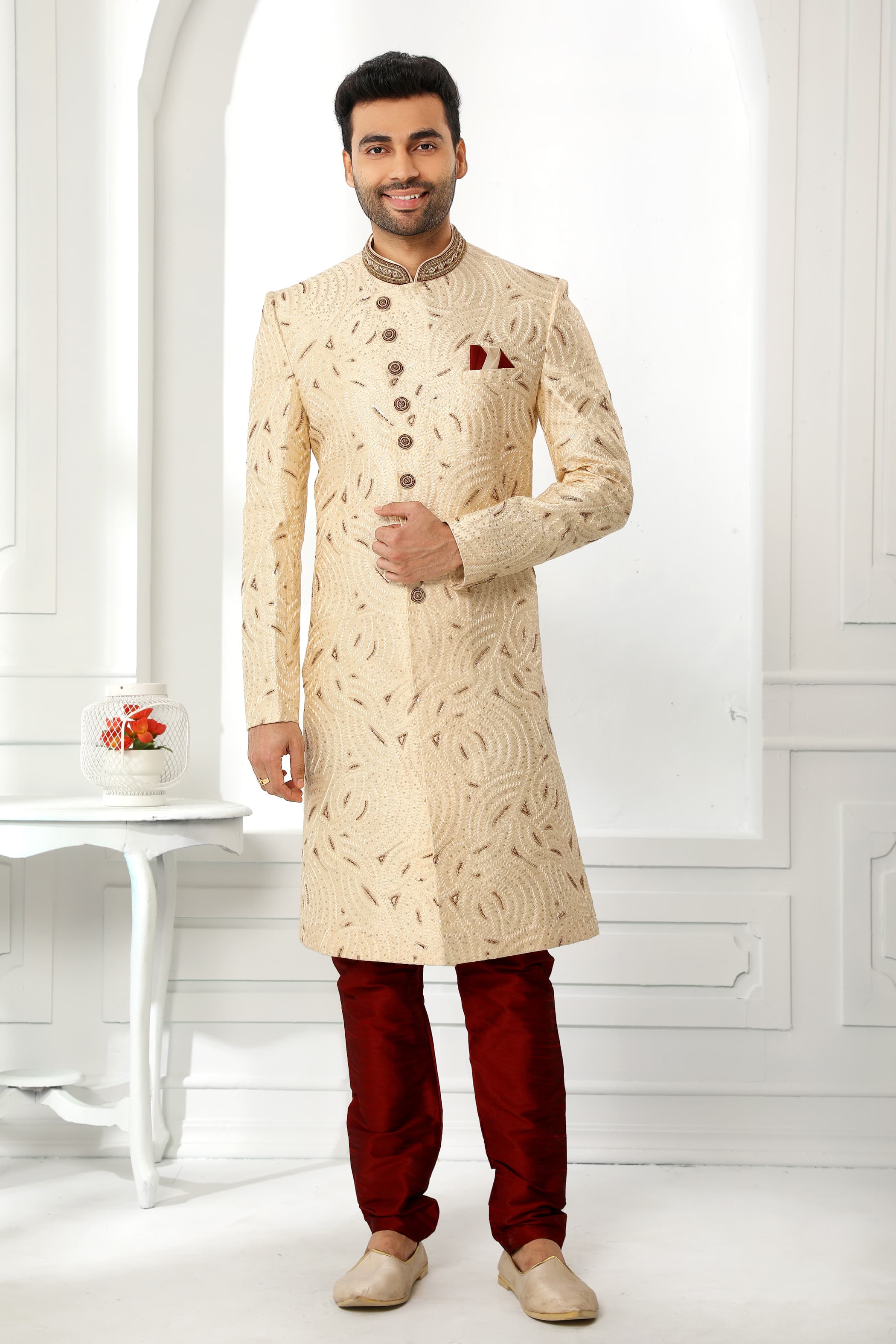 Cream Embroidered Sherwani for Men with Maroon Churidar