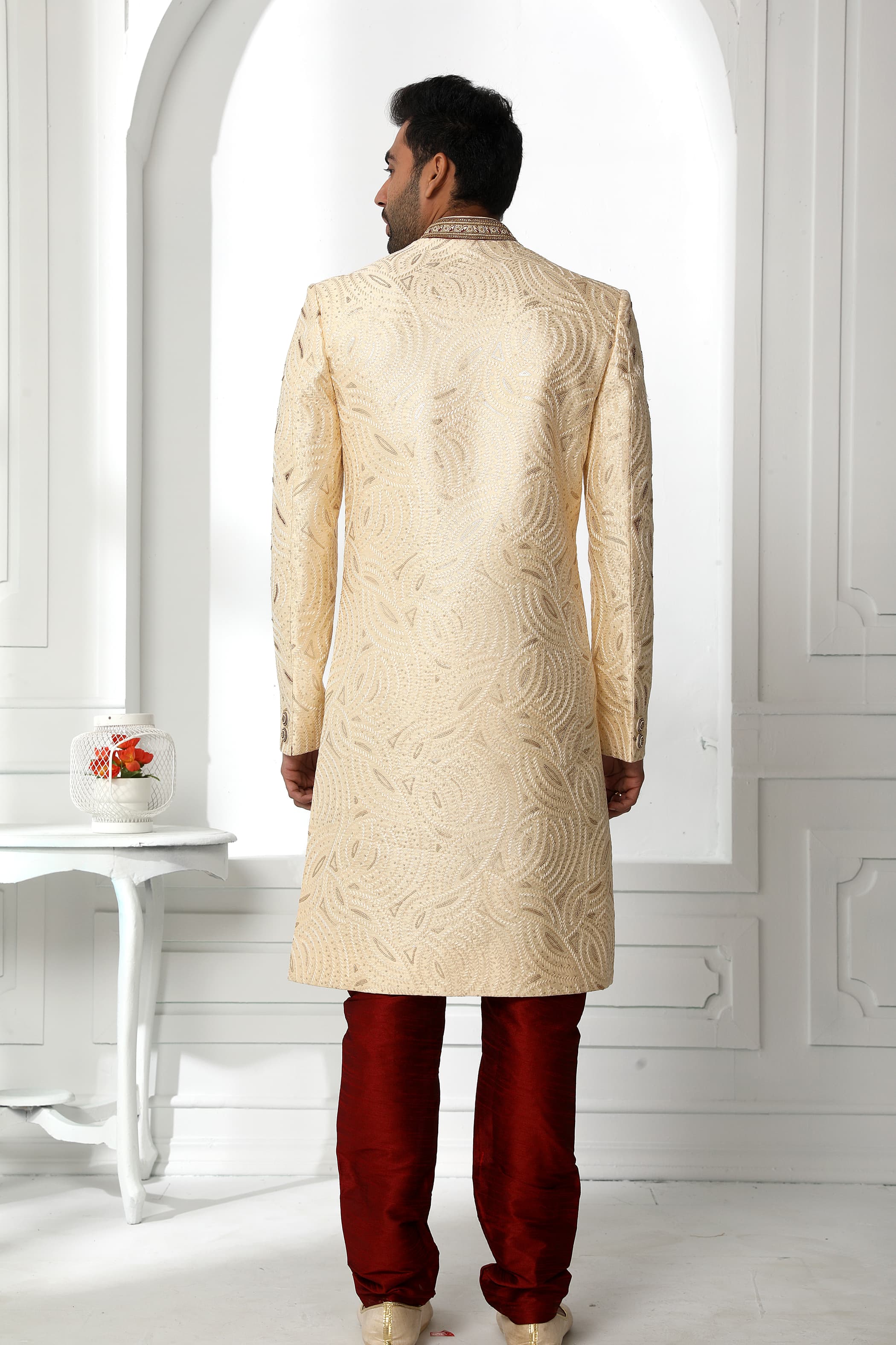 Cream Embroidered Sherwani for Men with Maroon Churidar