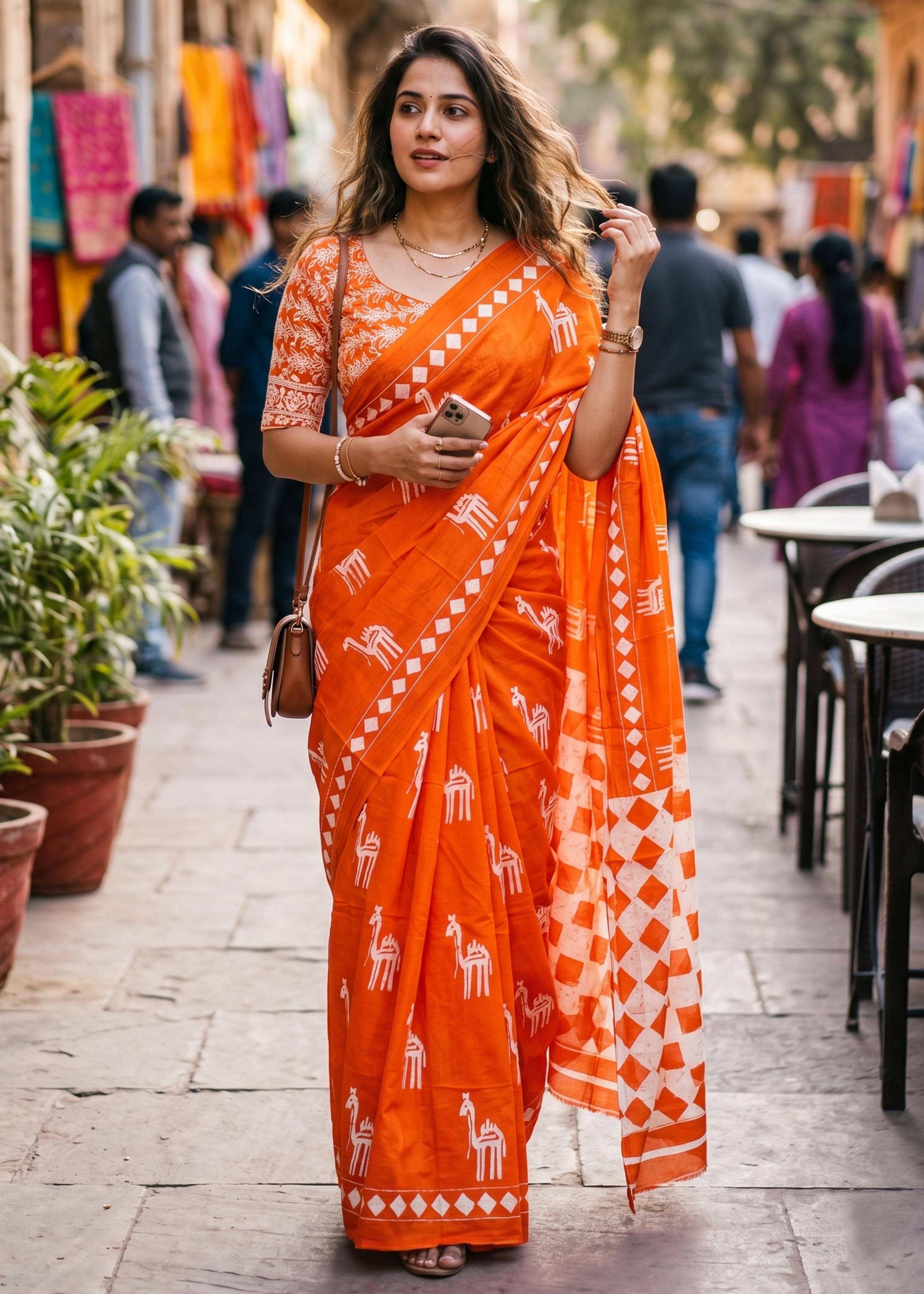 Orange Pure Mulmul Cotton Hand Block Print Cotton Saree