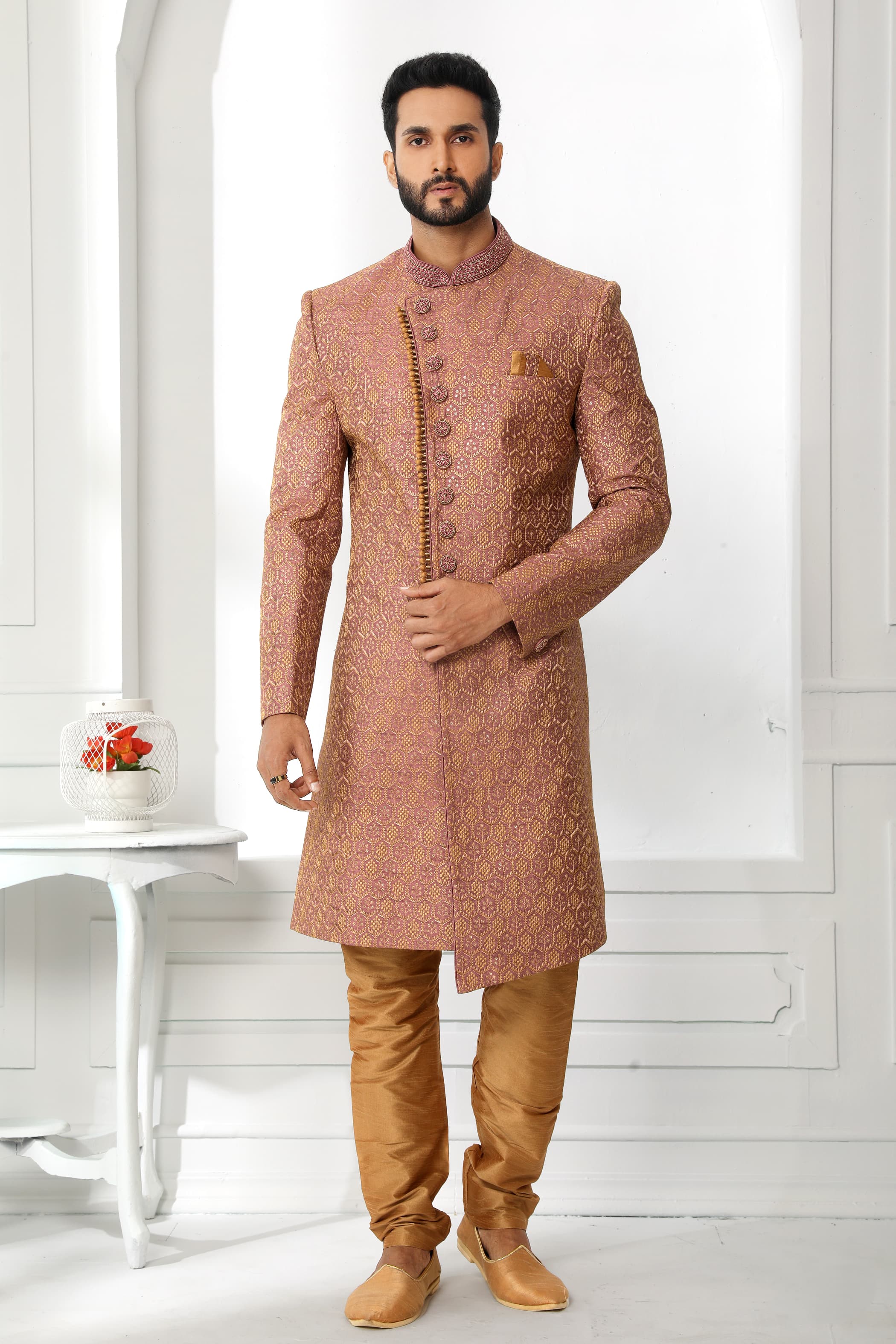 Rust Brown Embroidered Sherwani for Men