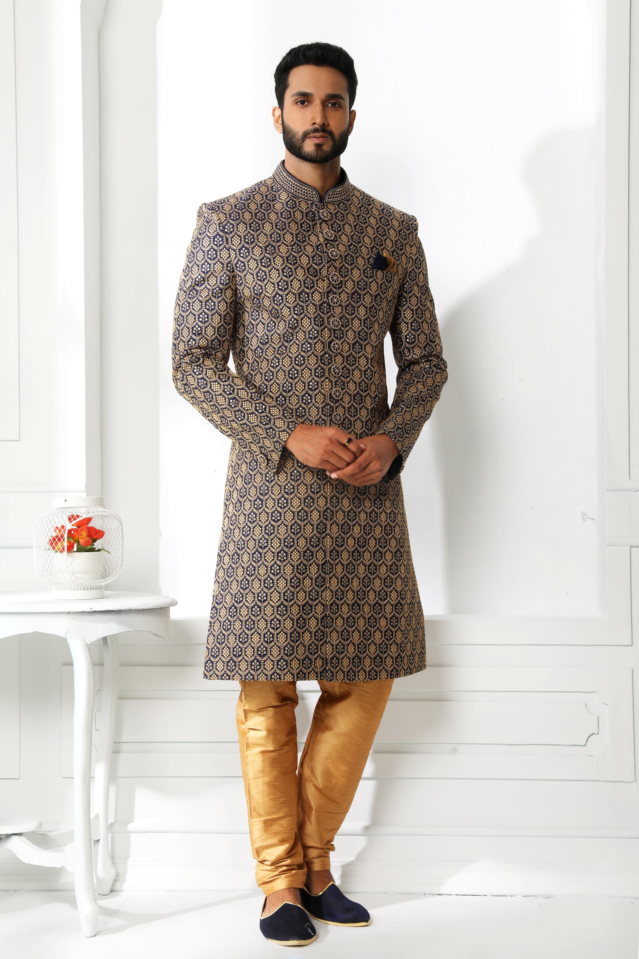 Navy Blue & Gold Embroidered Sherwani for Men
