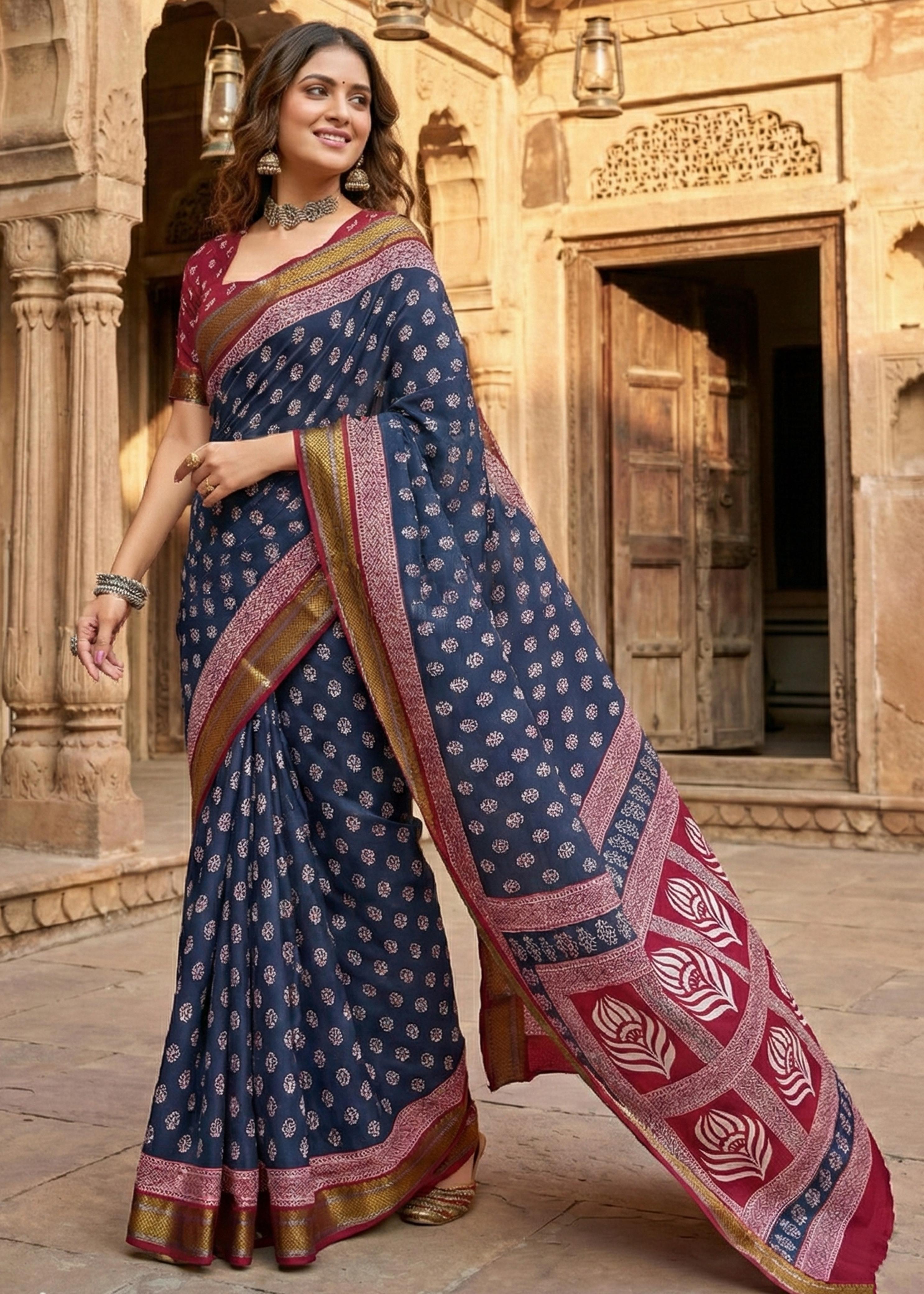 Blue Pure Mulmul Cotton Bagru Printed Cotton Saree