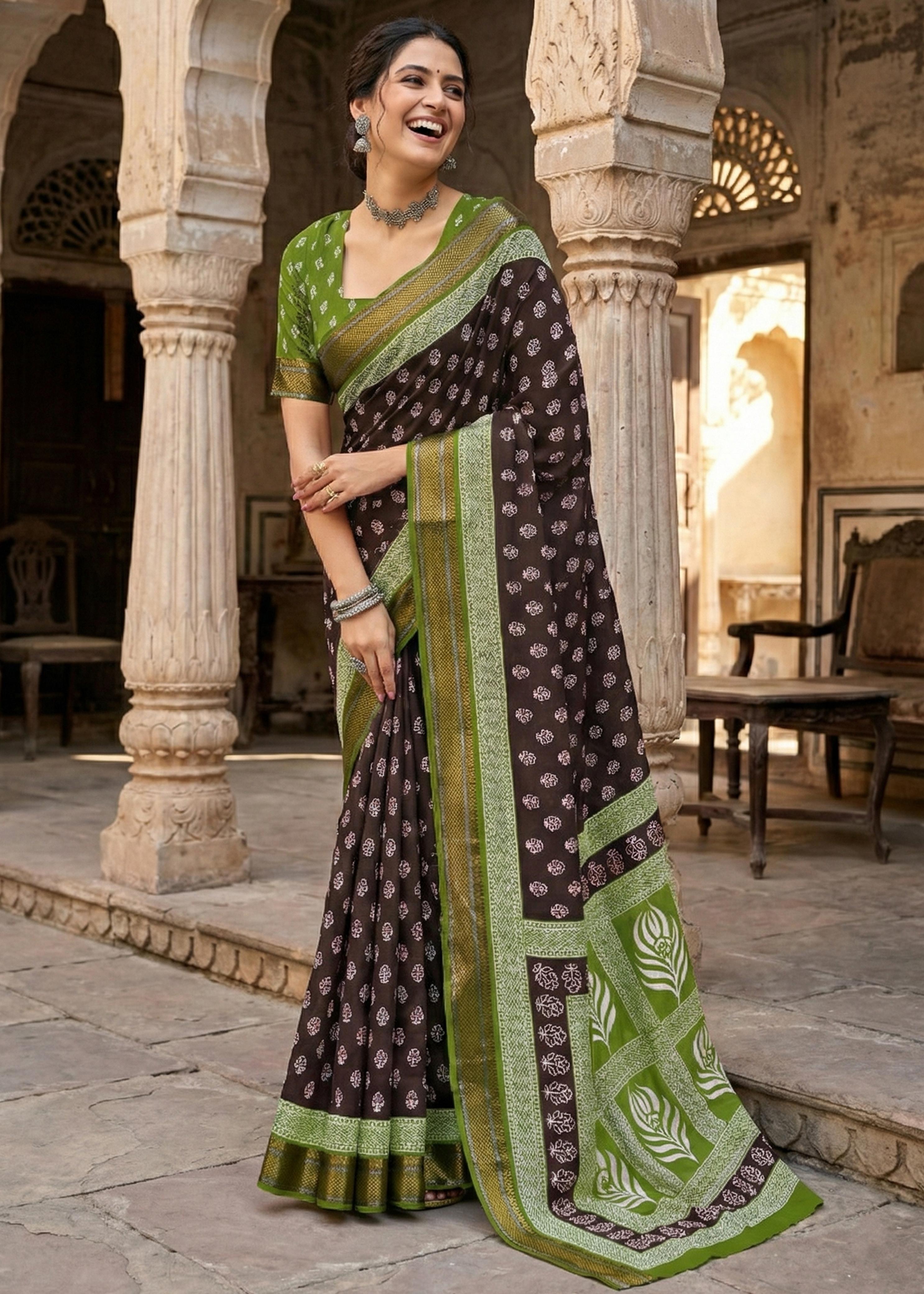 Brown Pure Mulmul Cotton Bagru Printed Cotton Saree