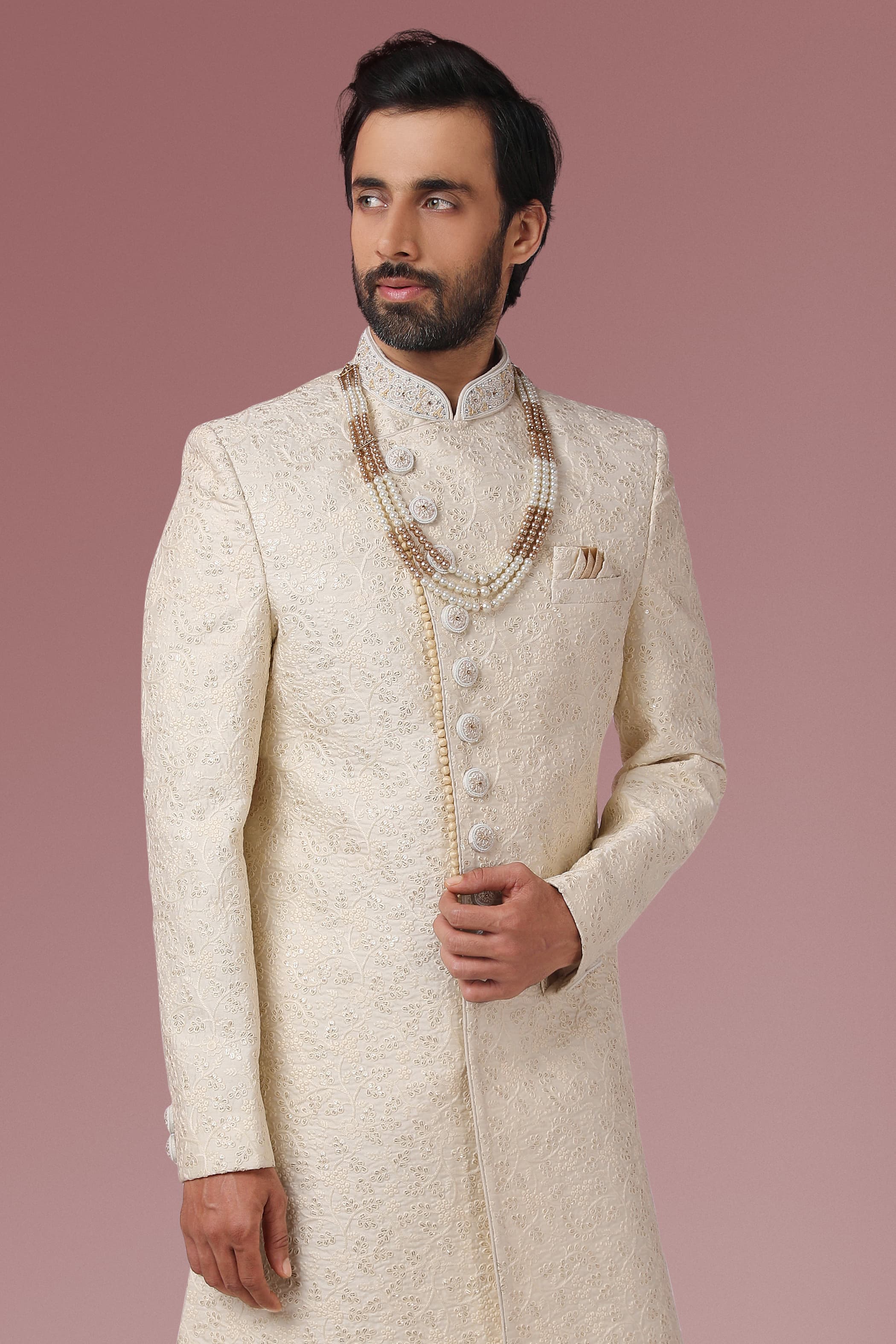 Off White Embroidered Sherwani Set for Men