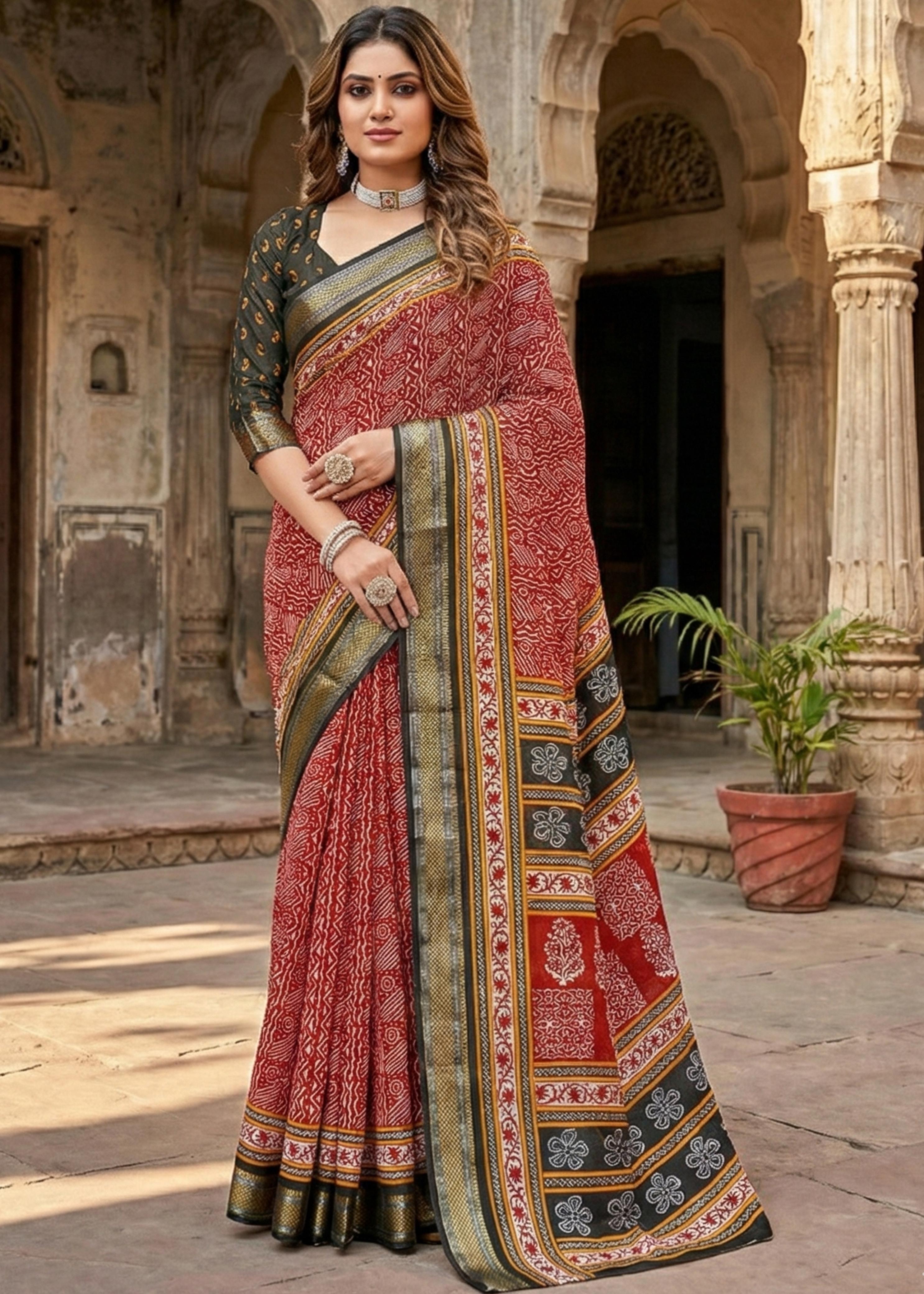Red Pure Mulmul Cotton Bagru Printed Cotton Saree