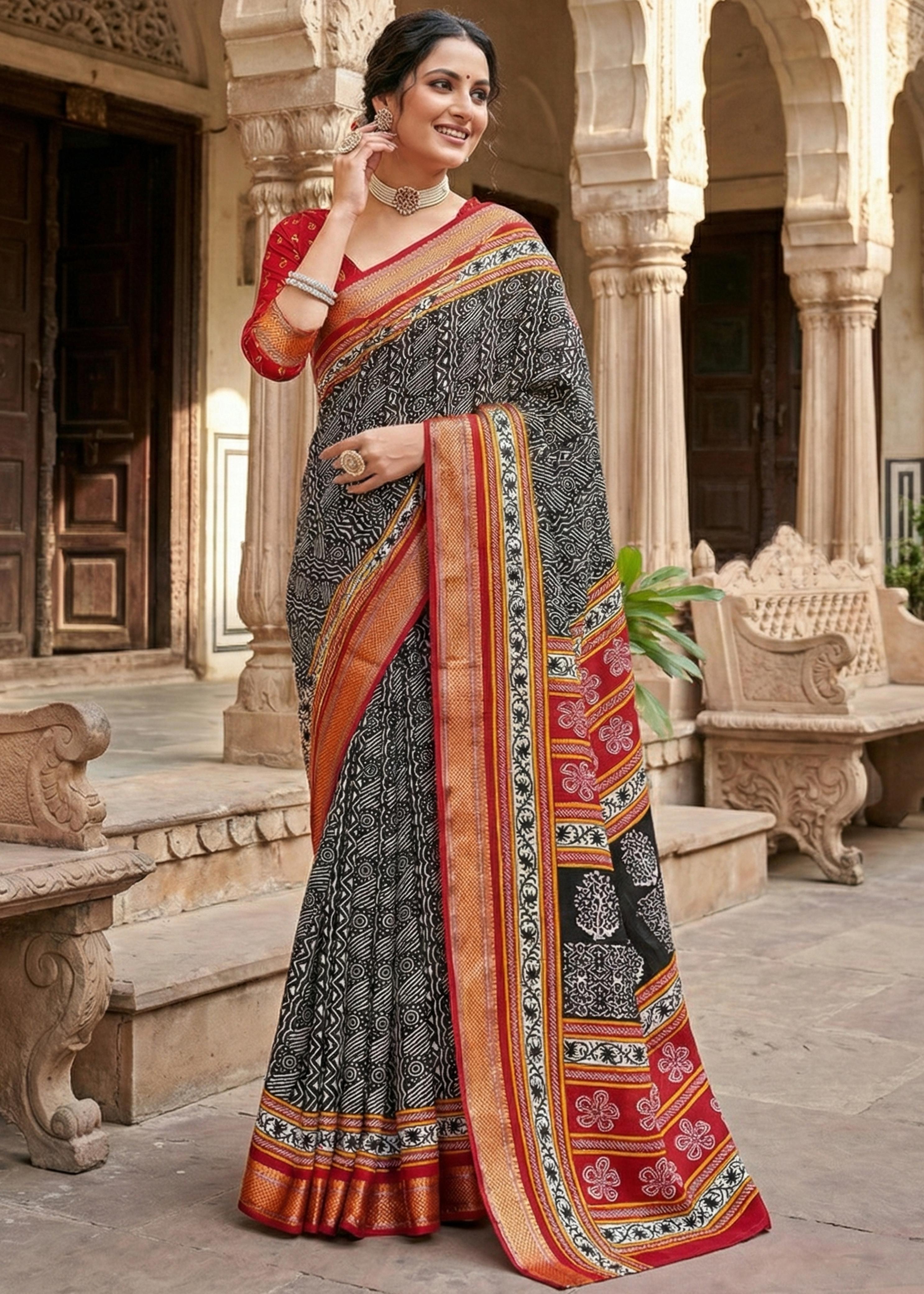 Grey Pure Mulmul Cotton Bagru Printed Cotton Saree