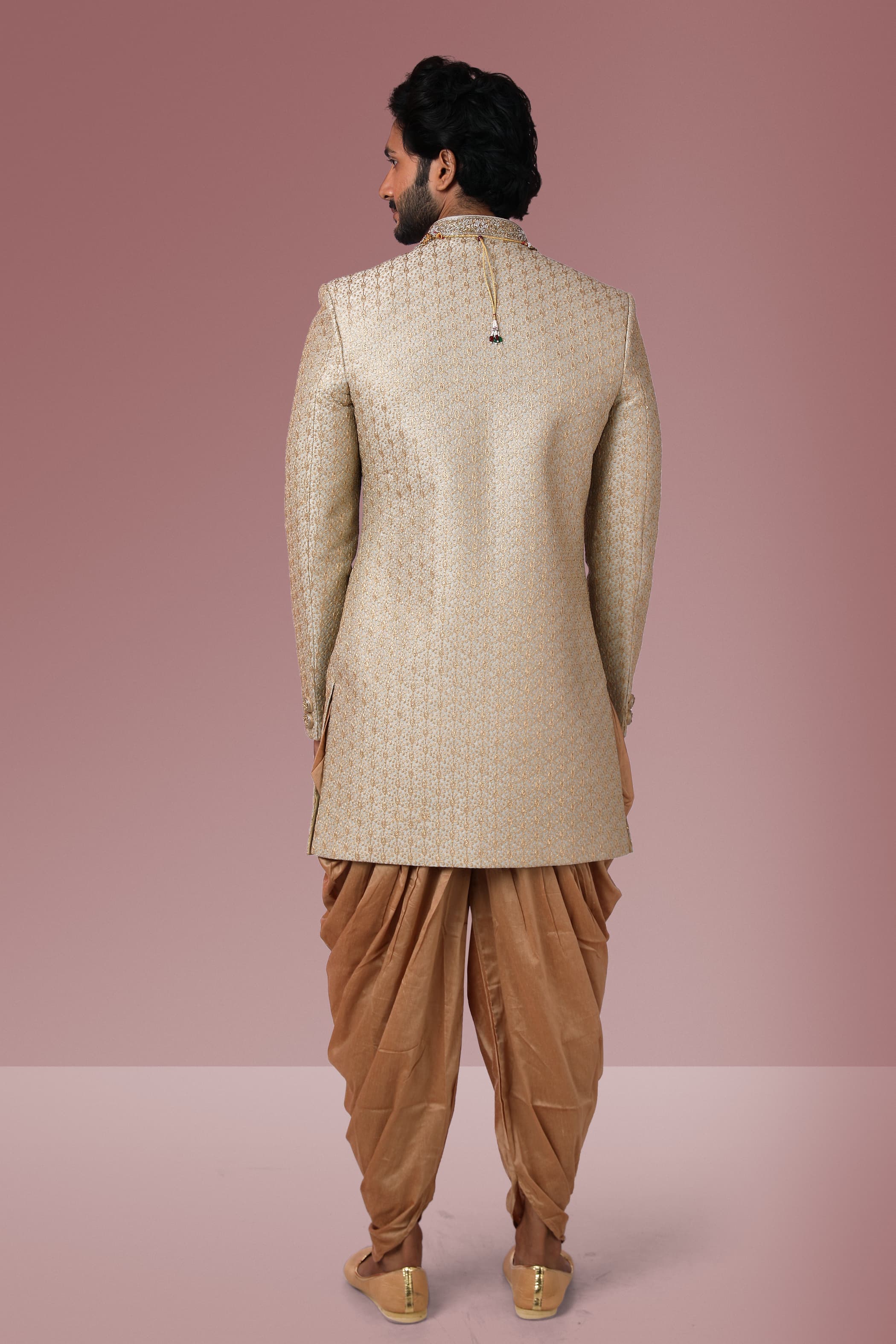 Cream Embroidered Banarasi Silk Sherwani Set for Men
