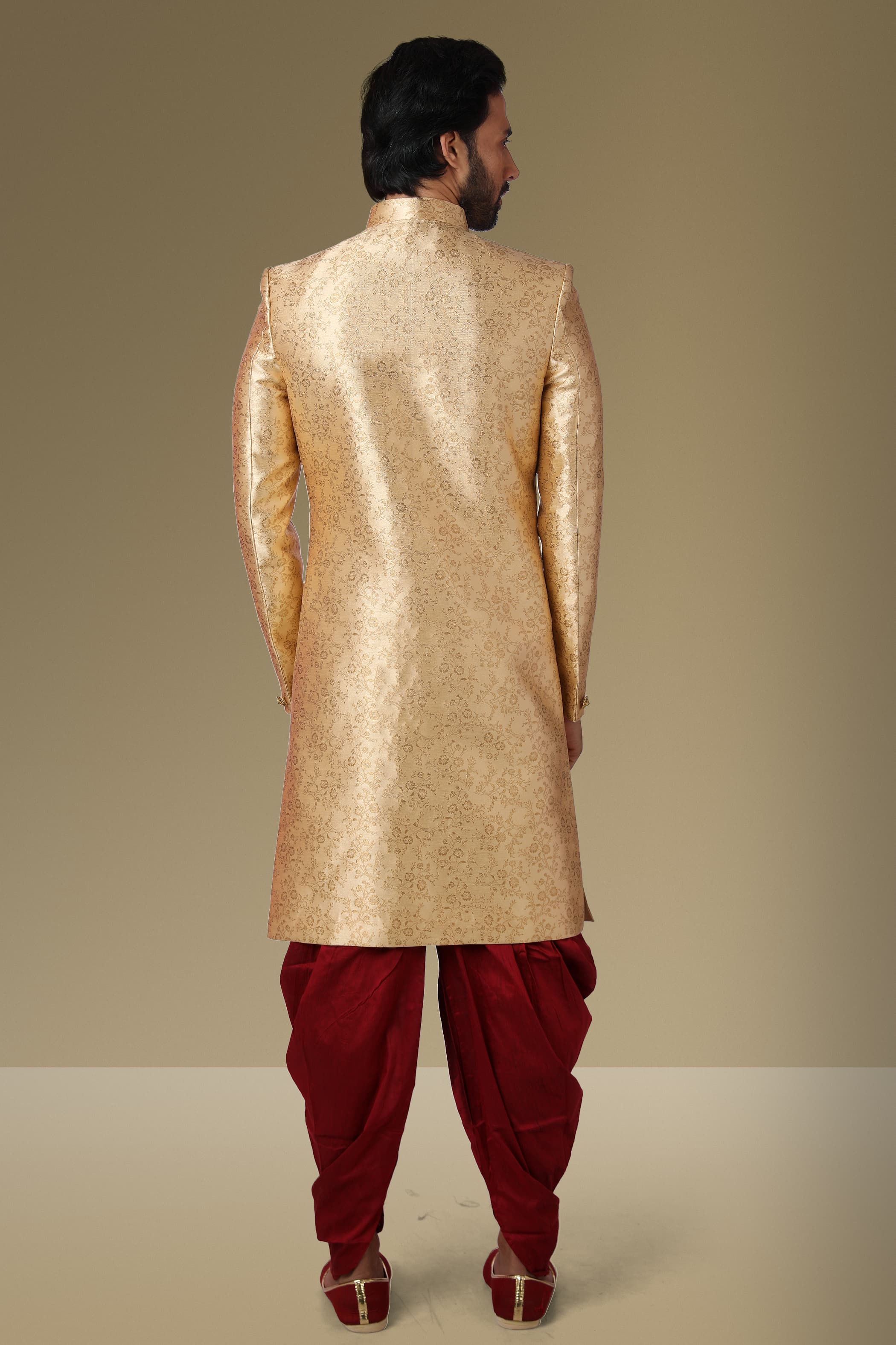 Gold Jacquard Silk Brocade Indo Western Sherwani for Men