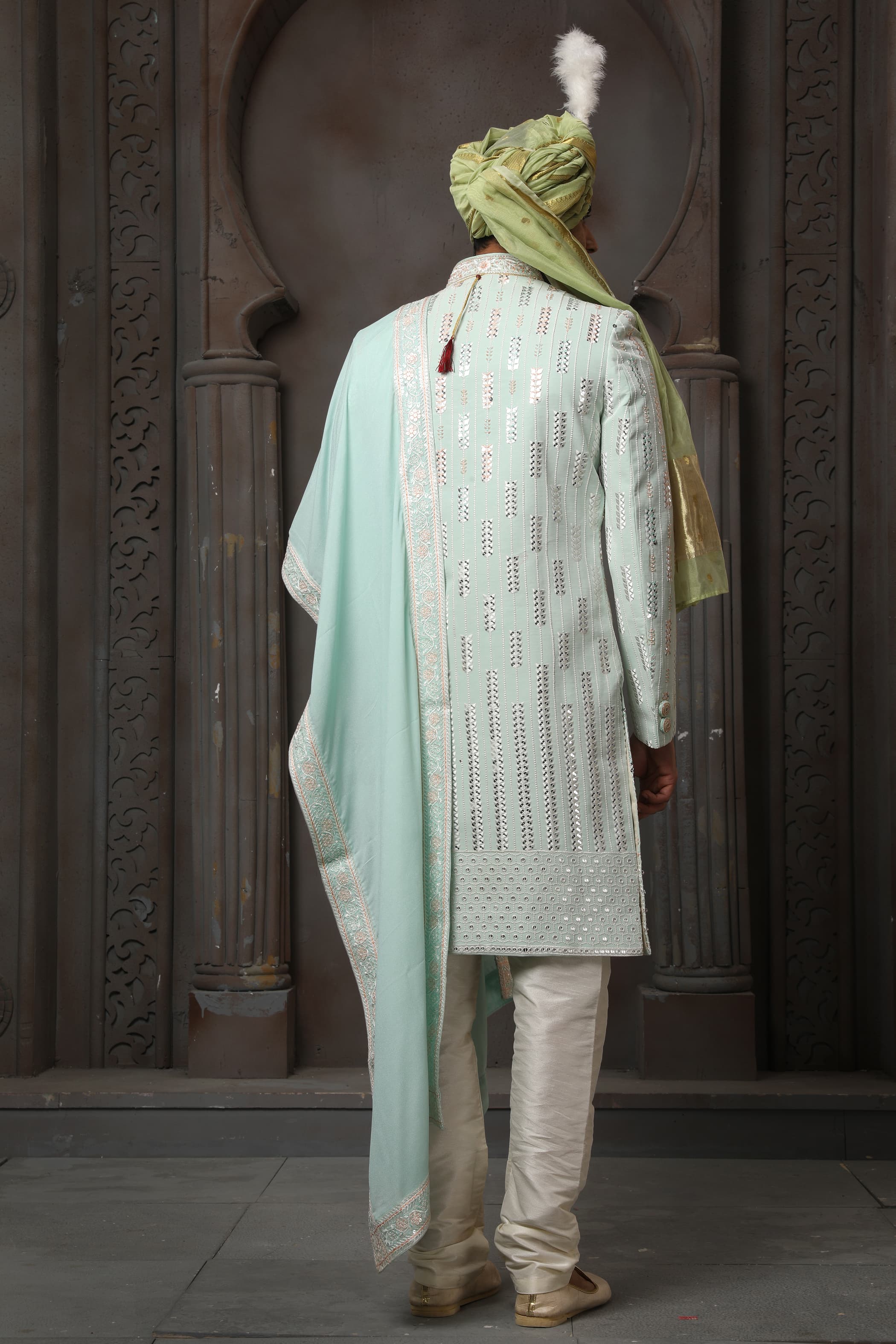 Pista Green Embroidered Groom Sherwani for Men