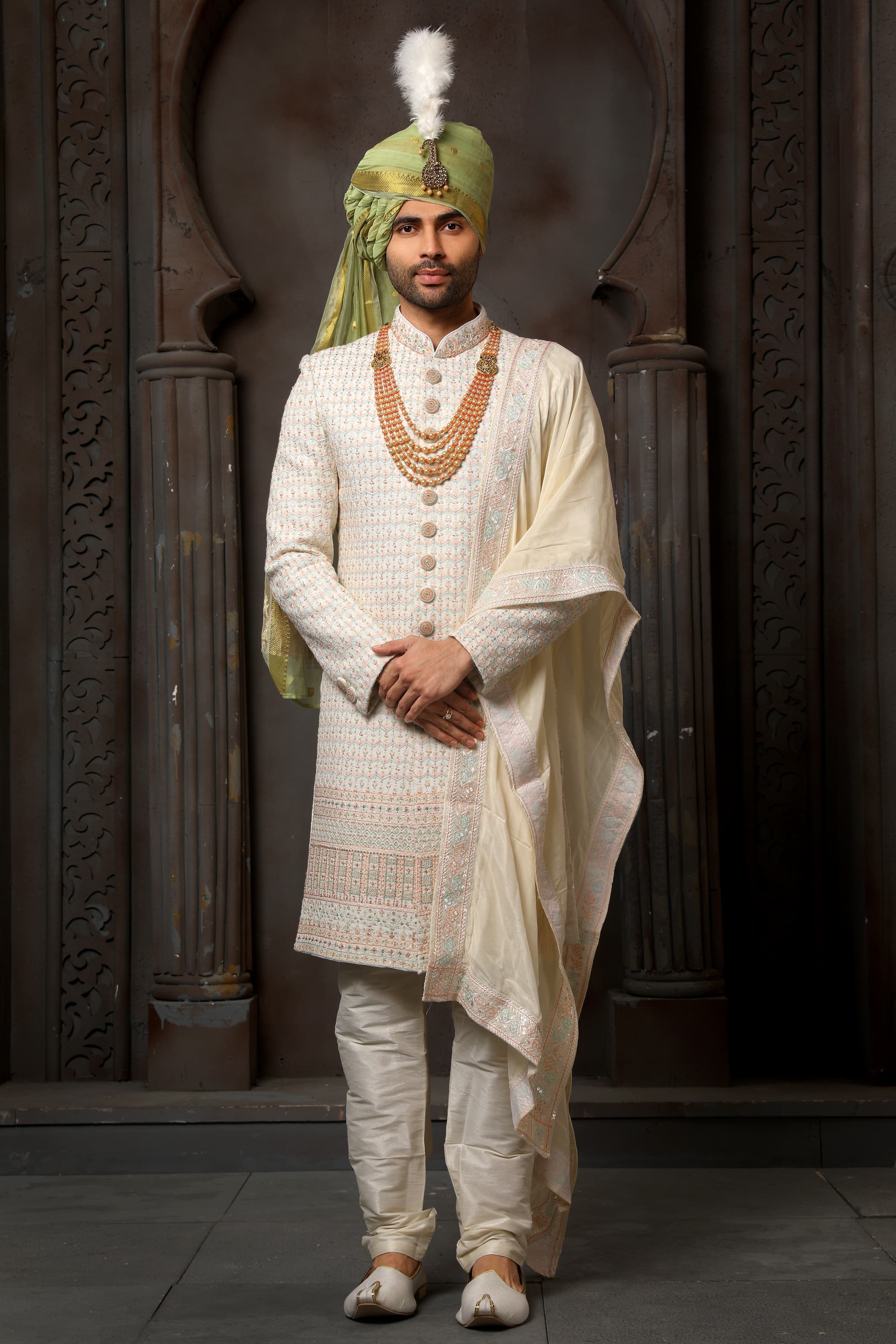 Cream Embroidered Groom Sherwani for Men