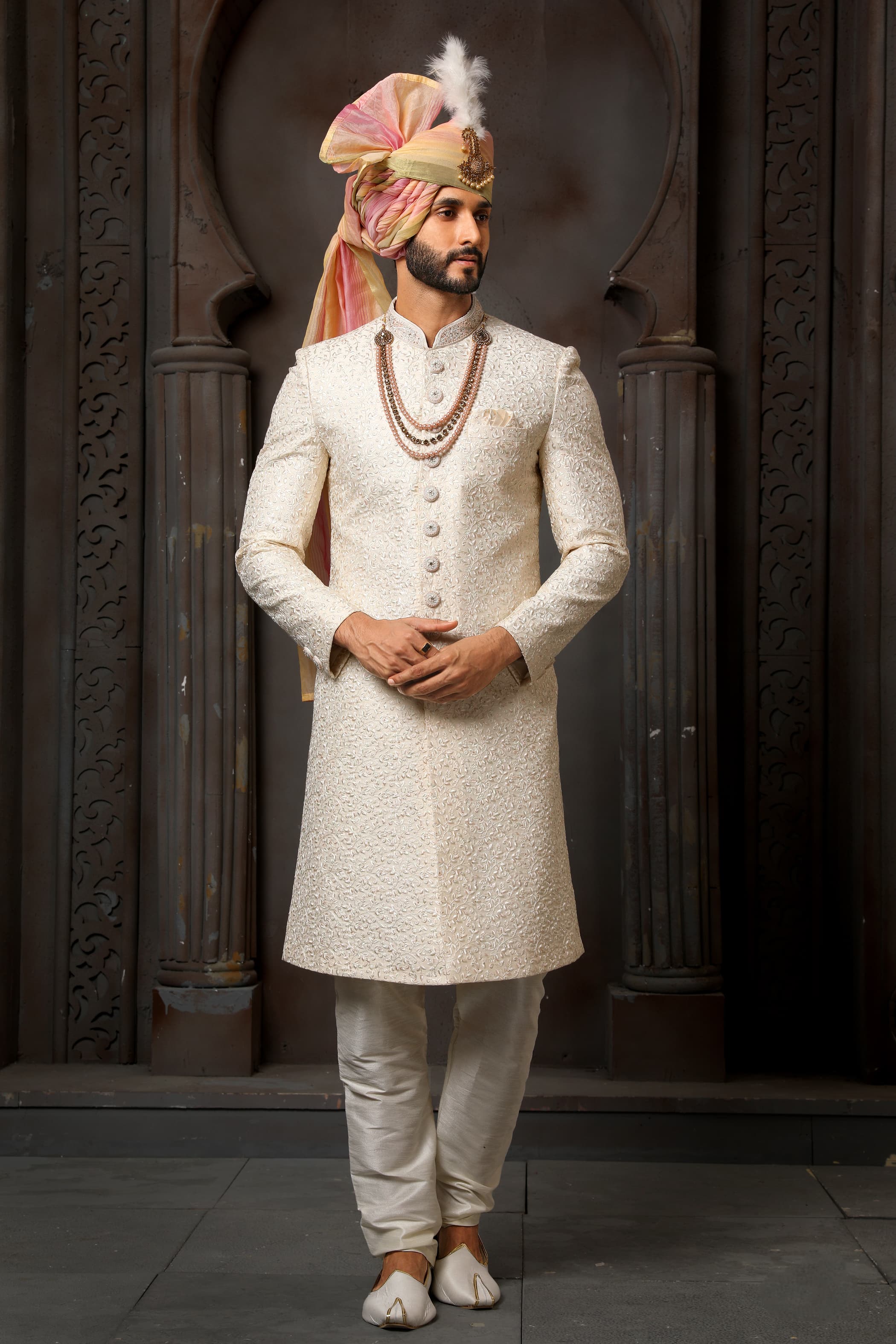 Ivory White Indo Western Sherwani for Groom with Embroidery