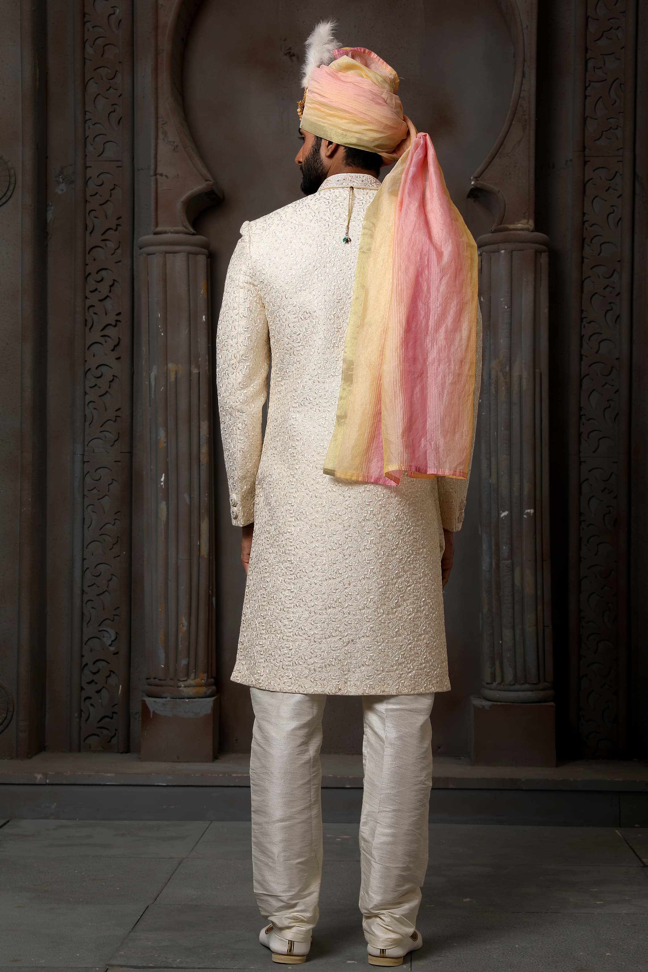 Ivory White Indo Western Sherwani for Groom with Embroidery