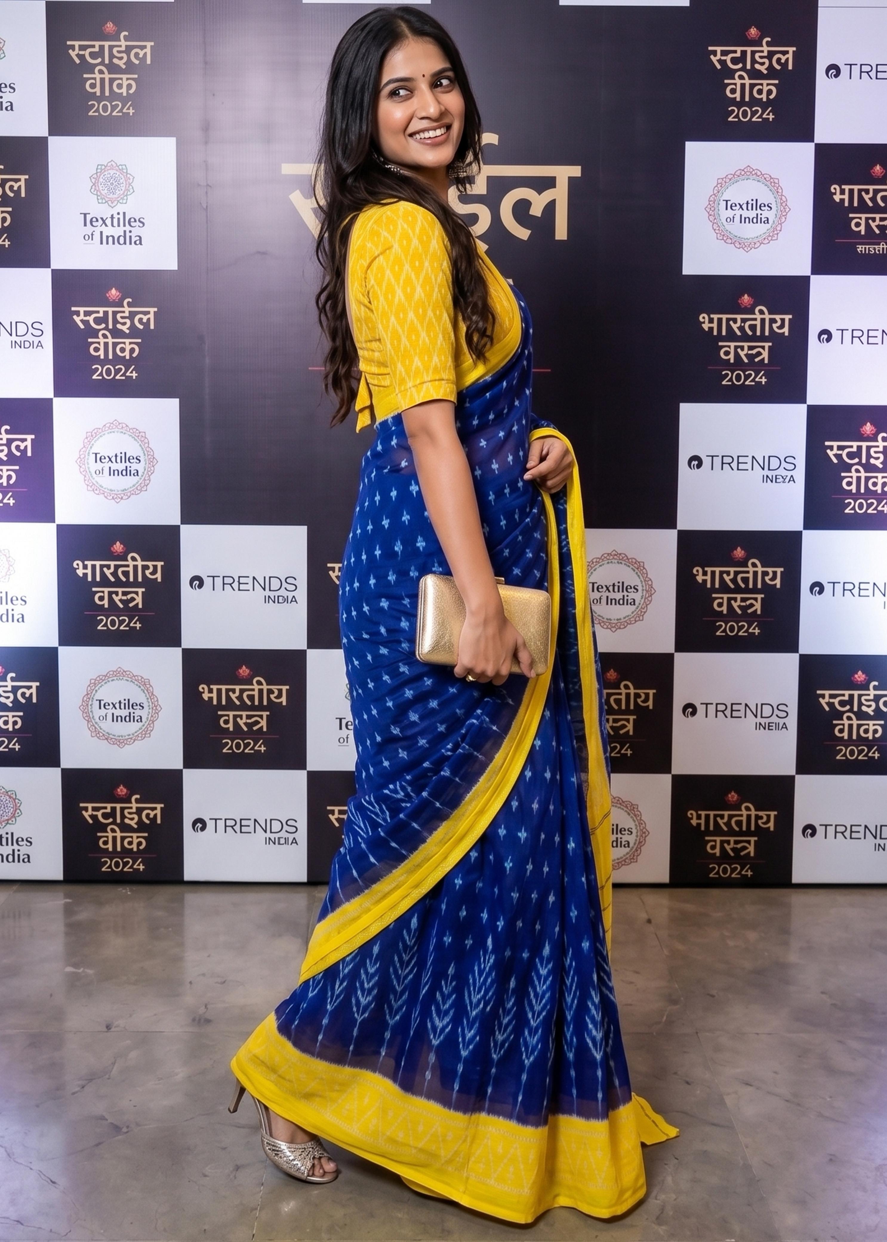 Blue Pure Mulmul Cotton Ikkat Printed Cotton Saree