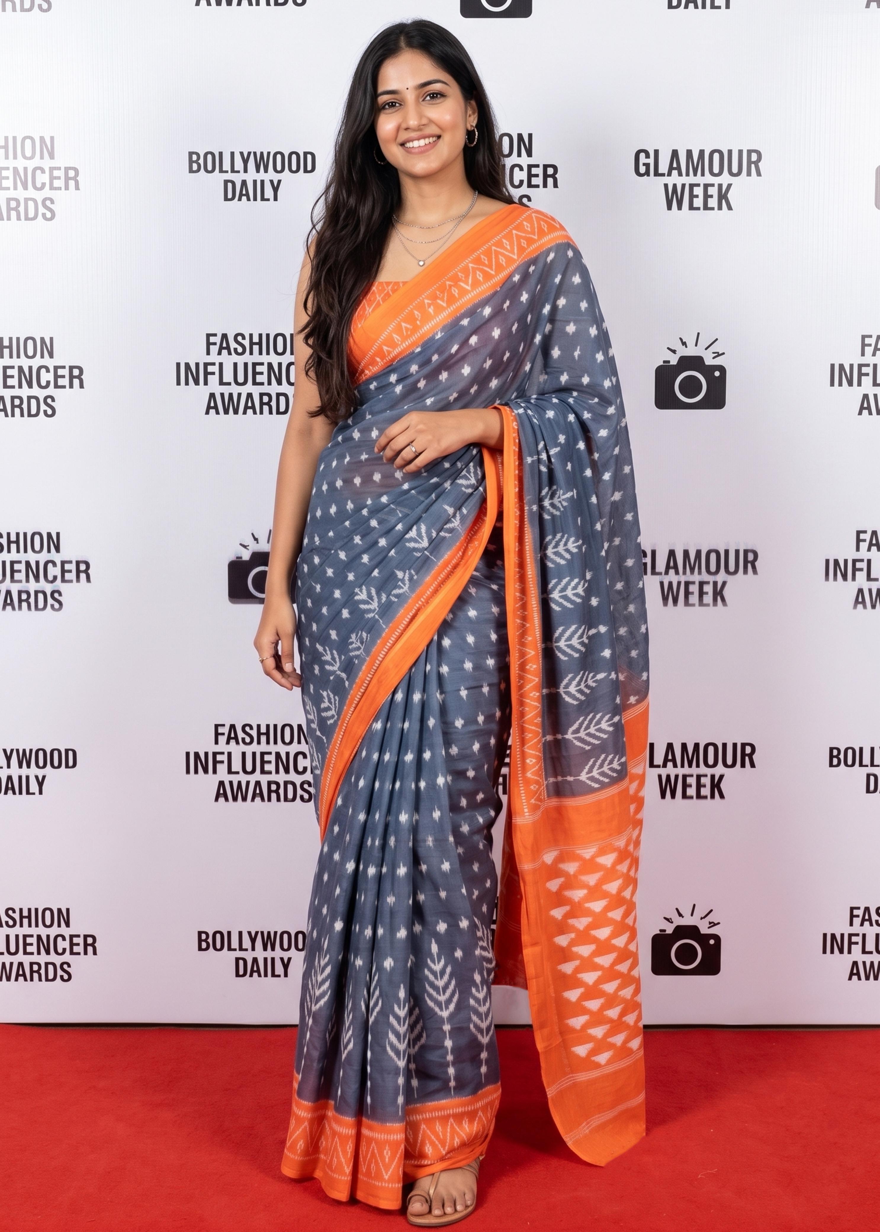 Grey Pure Mulmul Cotton Ikkat Printed Cotton Saree