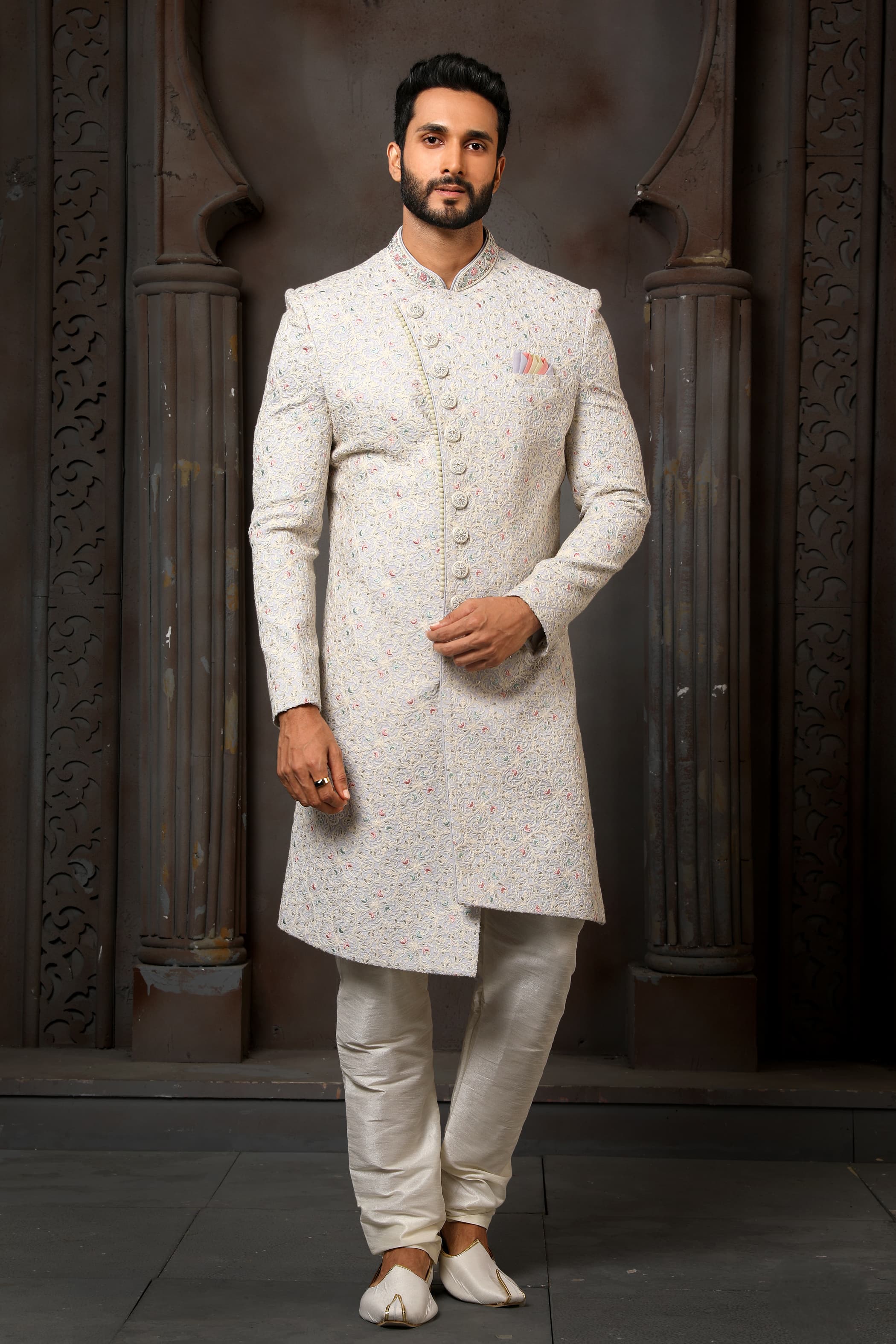 Sky Blue Computer Thread Work Sherwani for Men with Chudidar