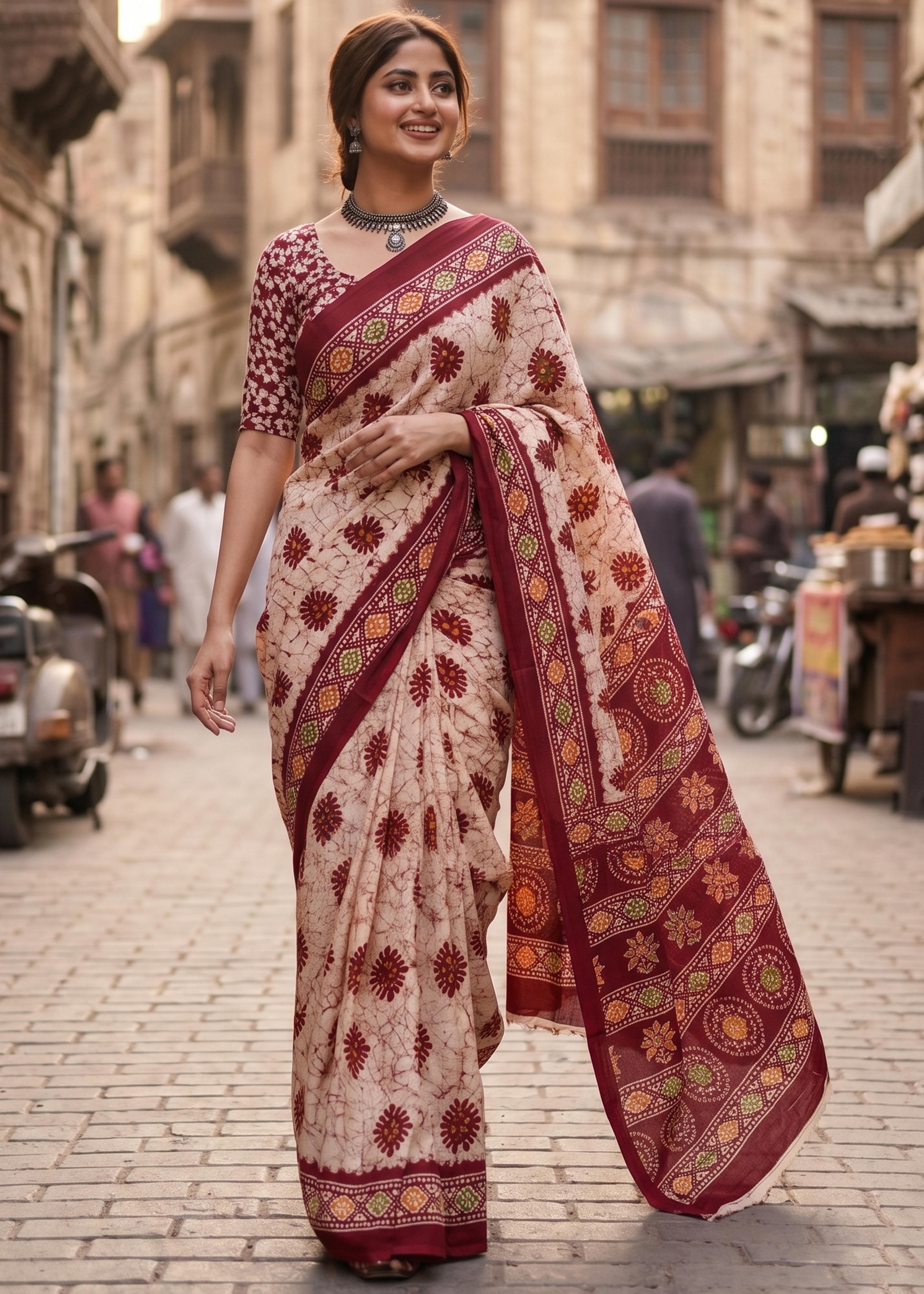 Maroon Soft Pure Cotton Batik Block Printed Cotton Saree