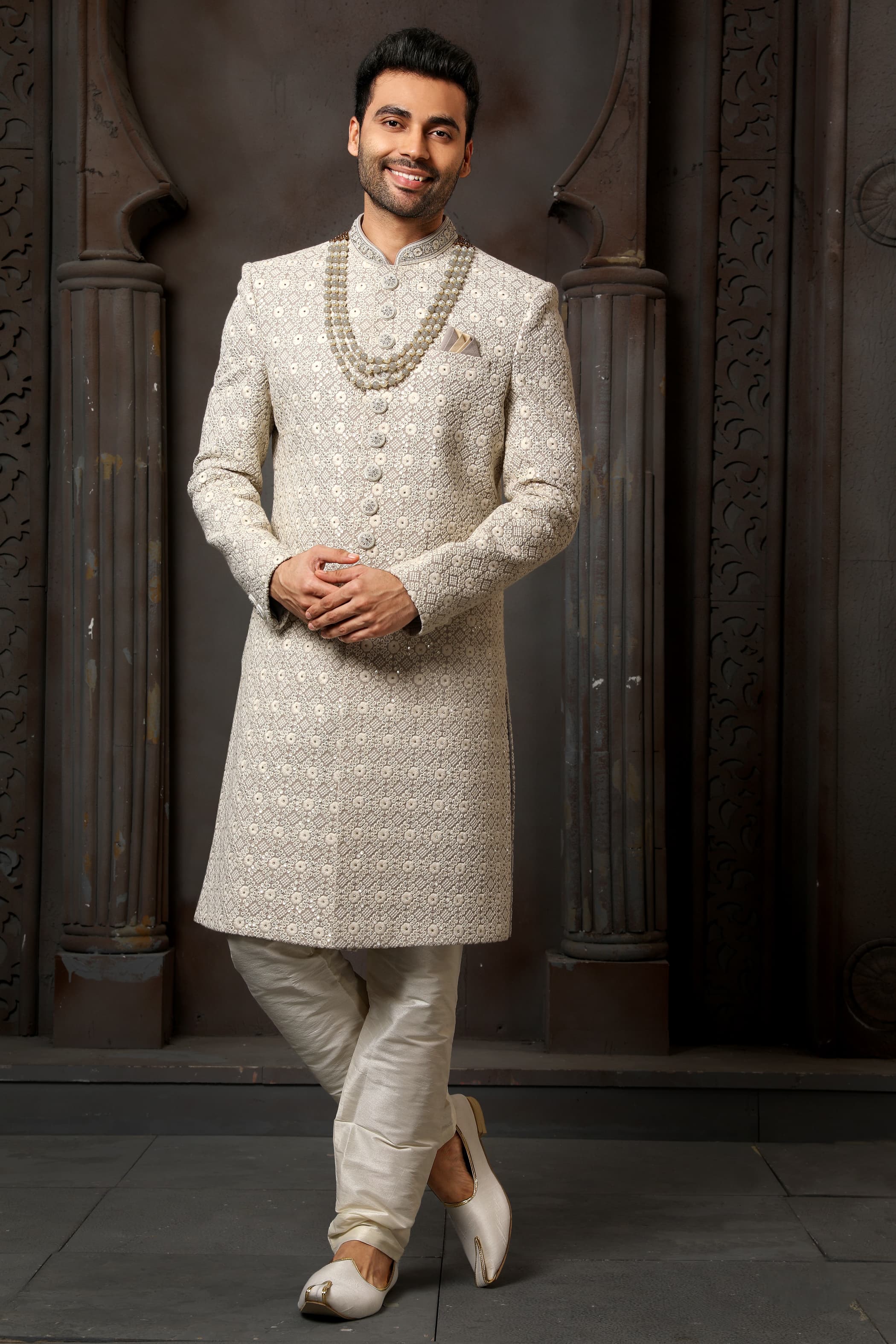 Grey Computer Thread Work Sherwani for Men with Chudidar