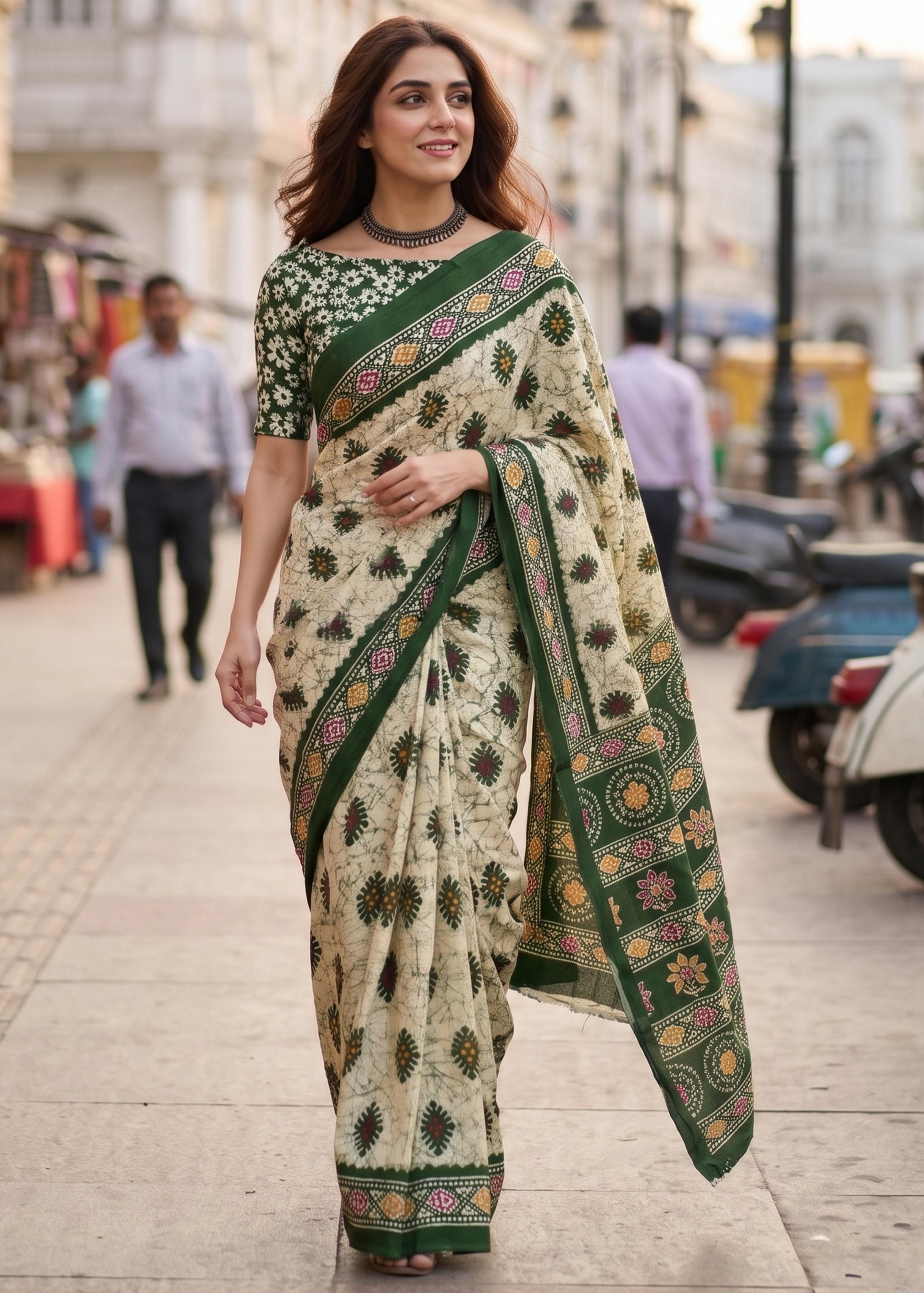 Green Soft Pure Cotton Batik Block Printed Cotton Saree