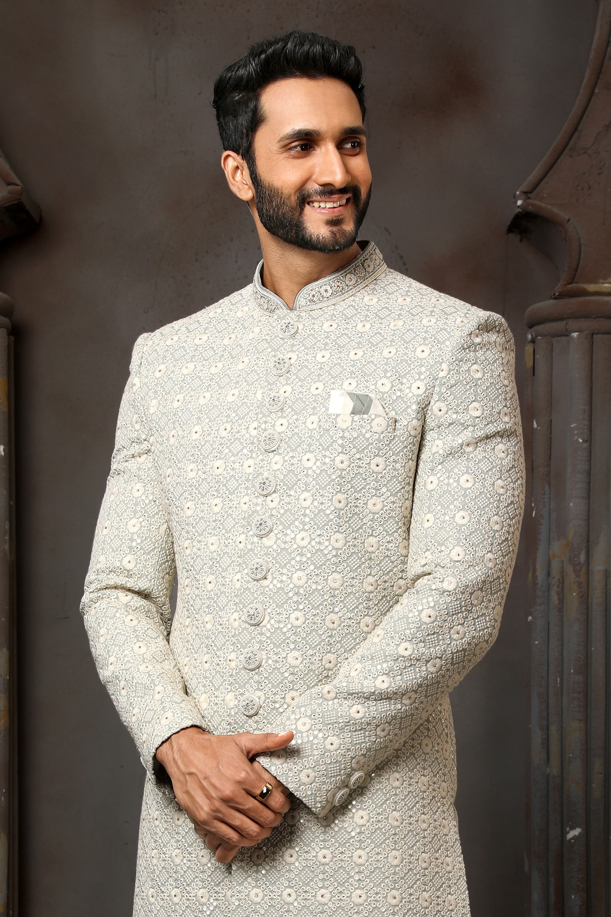 Light Grey Computer Thread Work Sherwani for Men with Chudidar