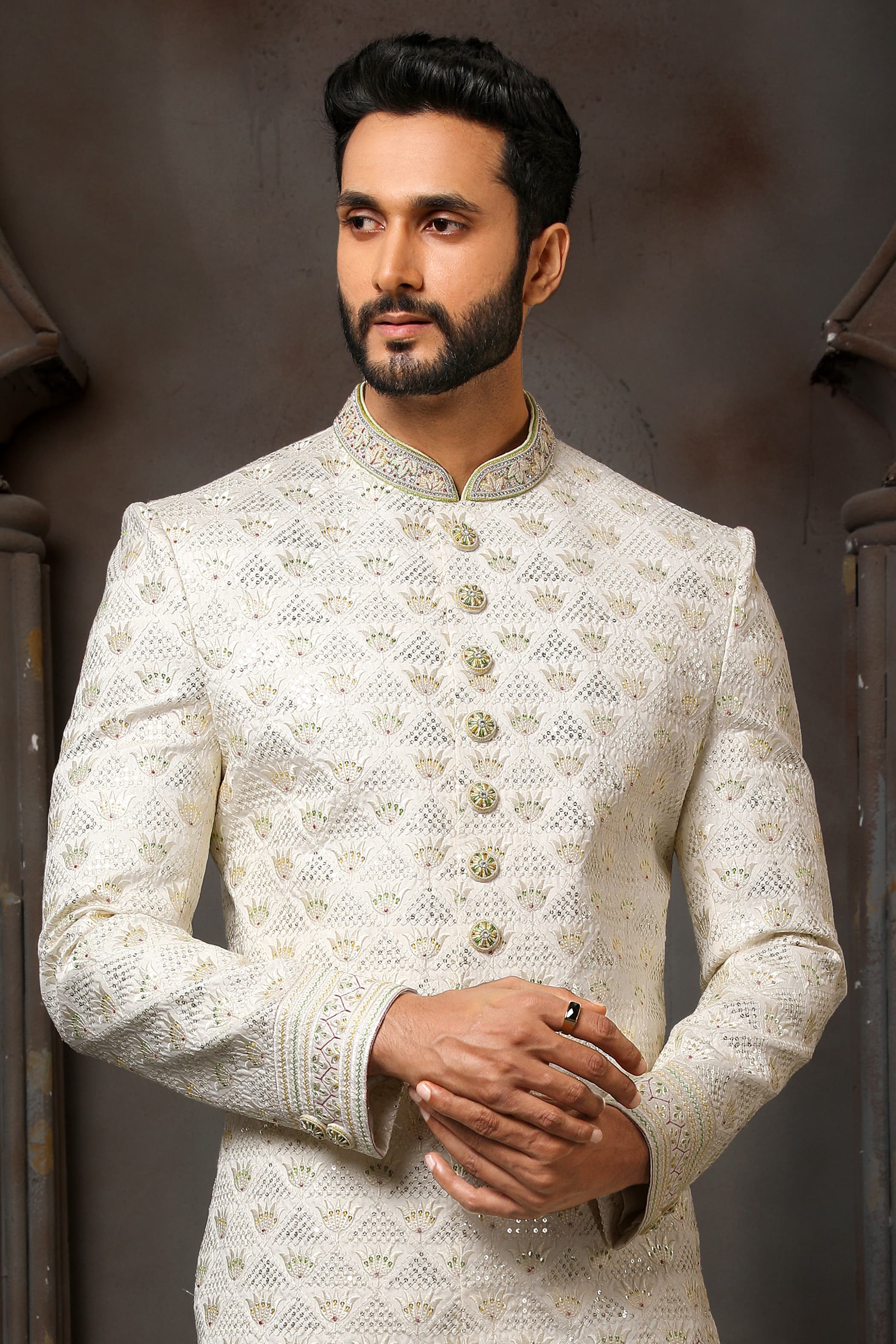 Cream Heavy Embroidered Sherwani for Men with Chudidar