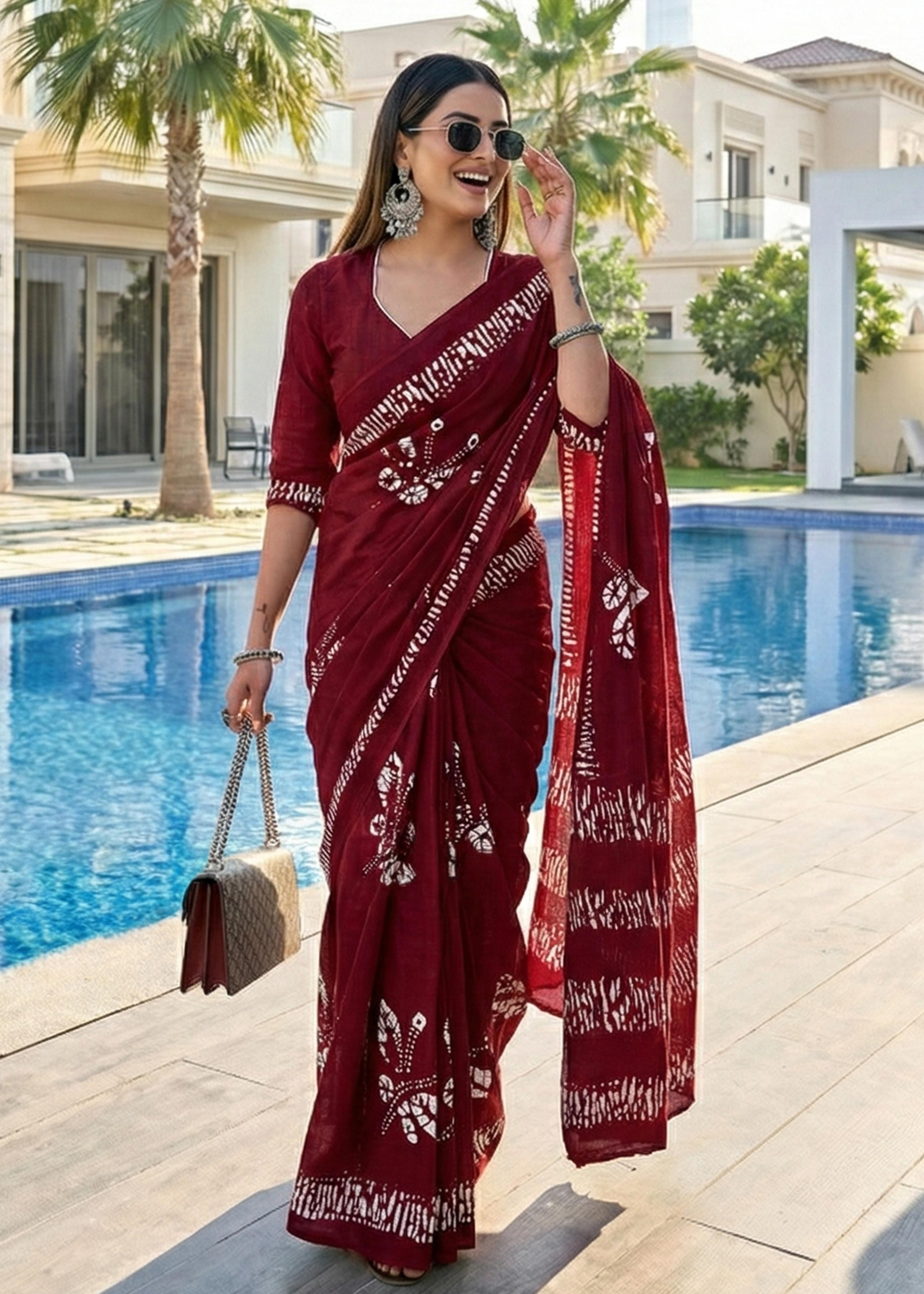Red Soft Pure Cotton Bagru Printed Cotton Saree