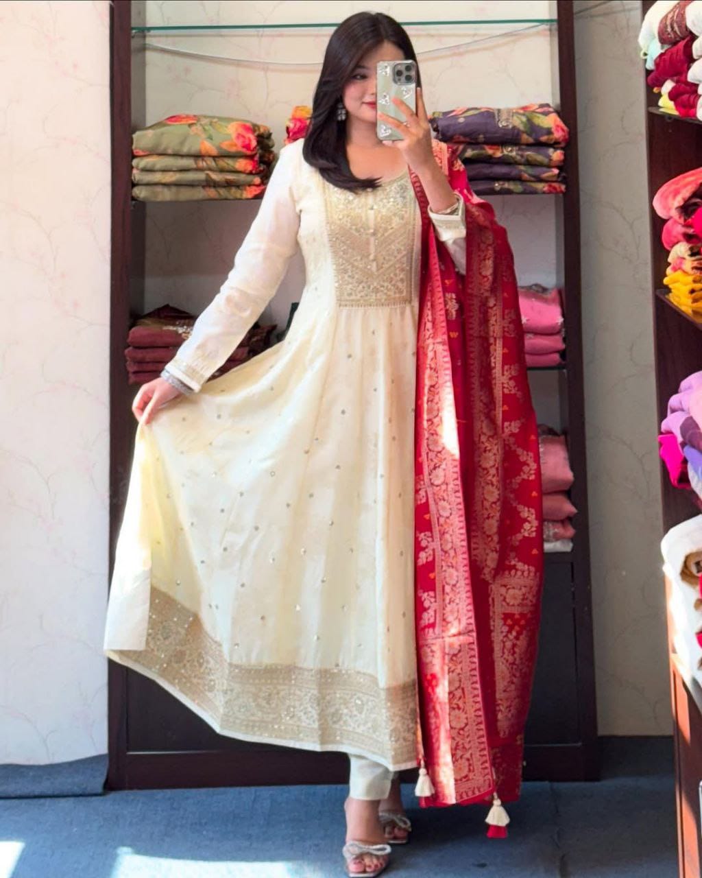 Cream Pure Banana Silk Anarkali Kurti Pant Dupatta Set