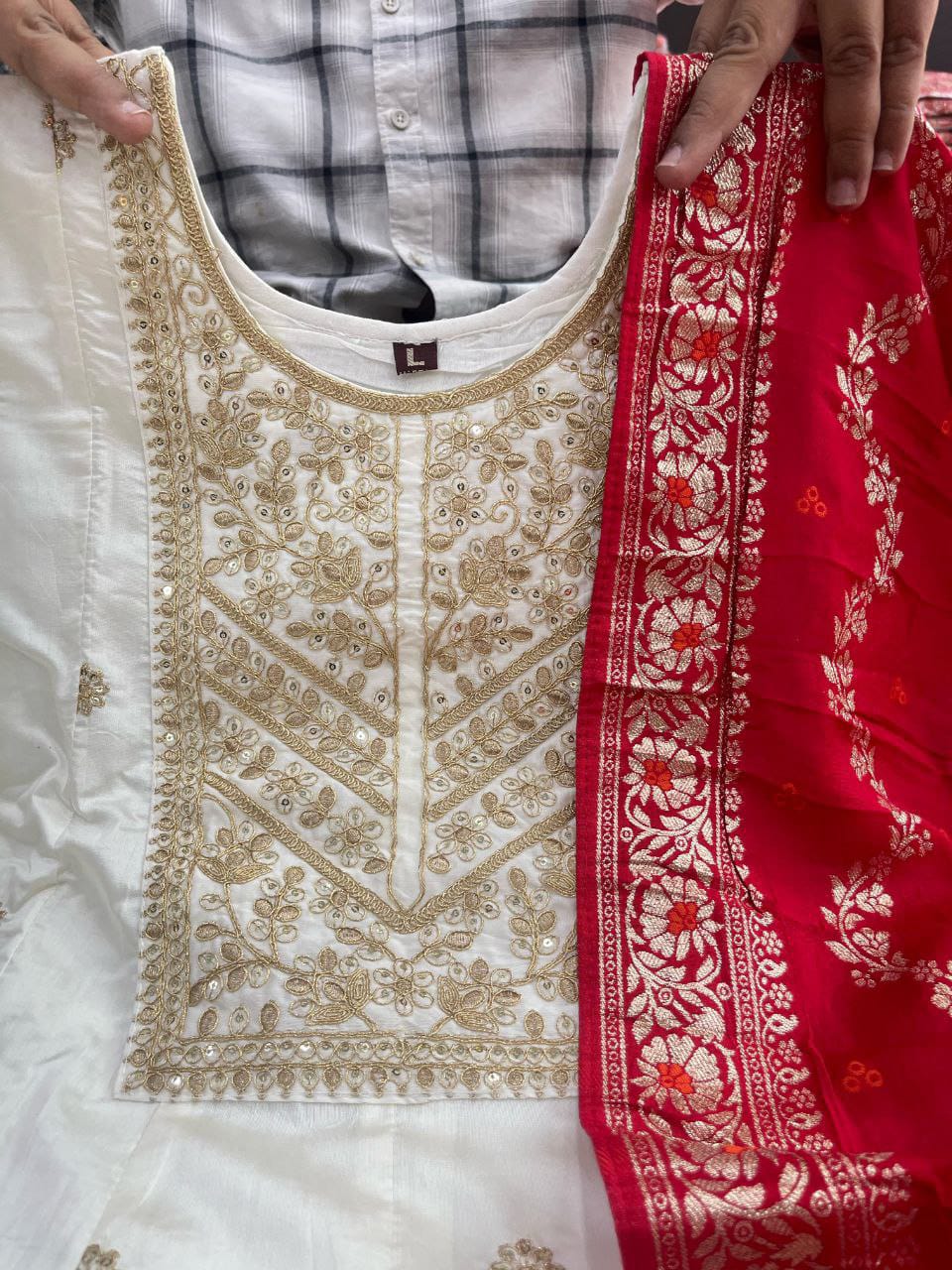 Cream Pure Banana Silk Anarkali Kurti Pant Dupatta Set