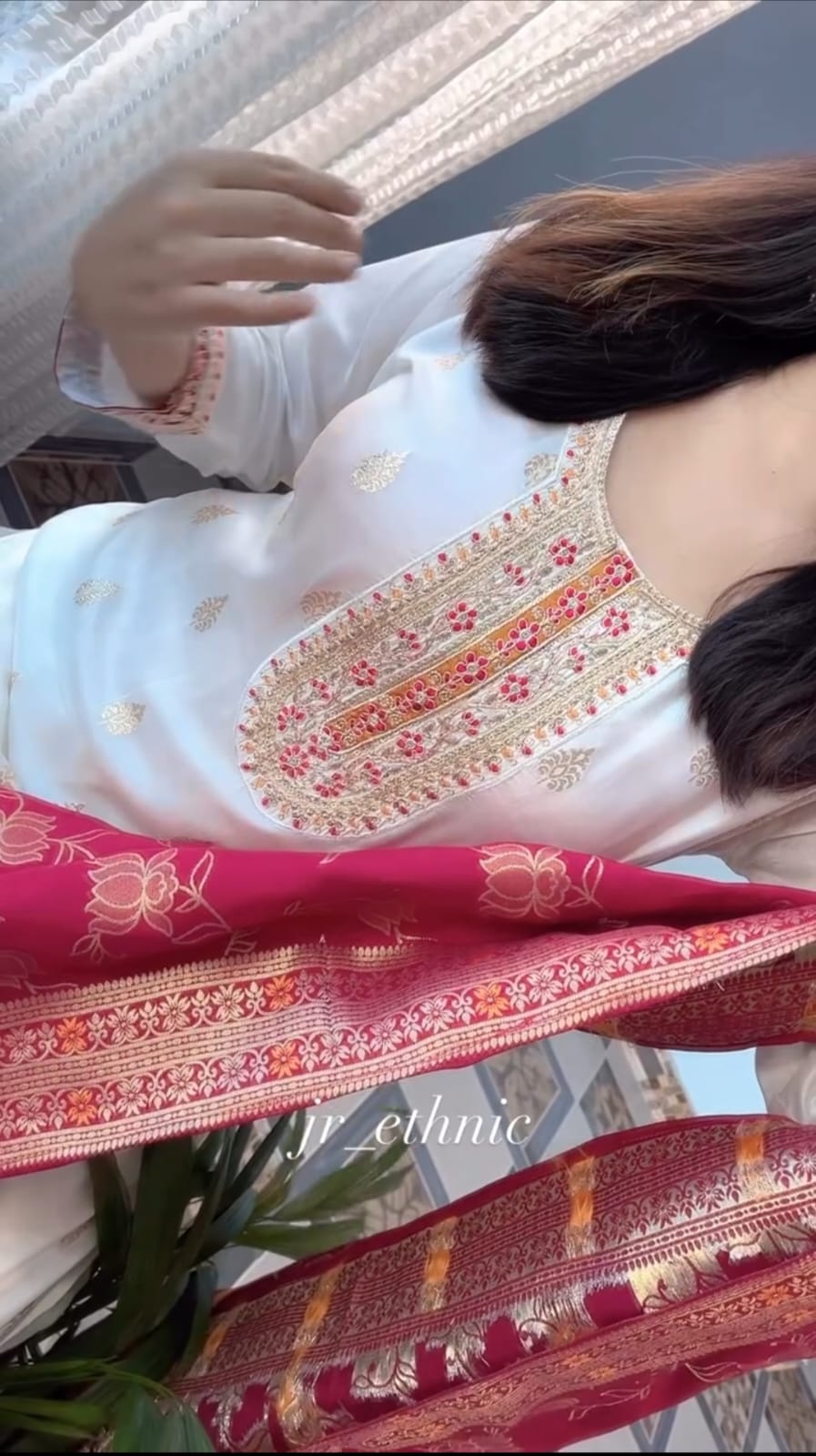 Cream Pure Kanjivaram Silks Anarkali Kurti Pant Dupatta Set