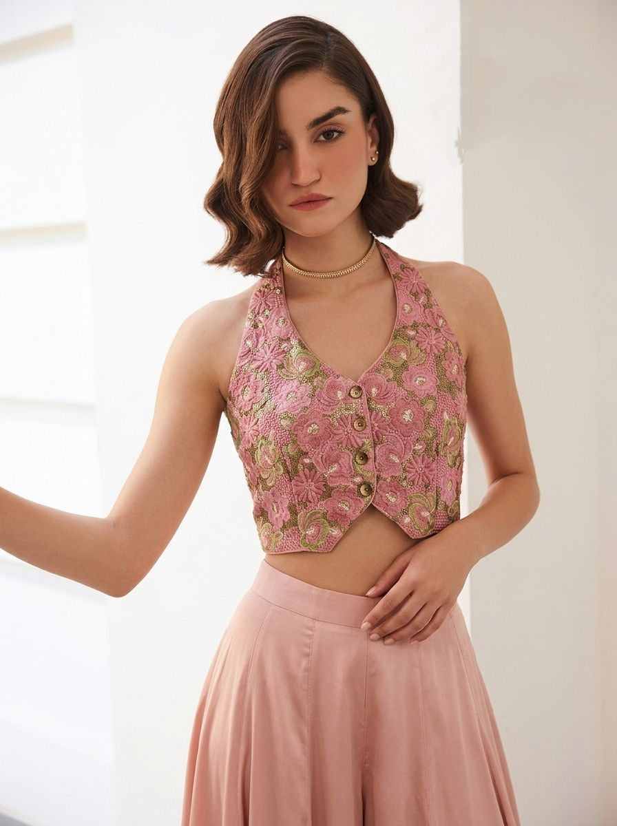 Pink Pure Soft Silk Readymade Waistcoat & Palazzo