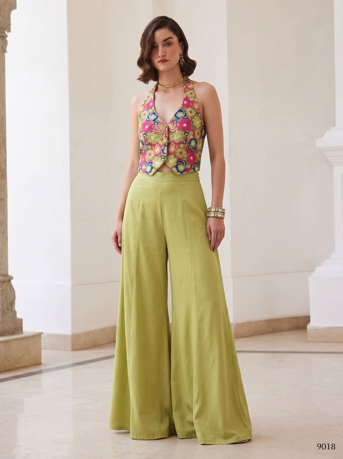 Green Pure Soft Silk Readymade Waistcoat & Palazzo