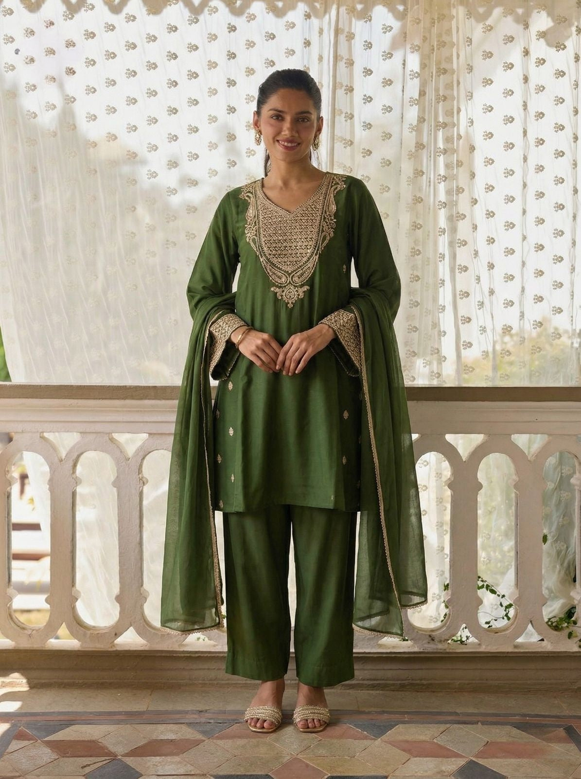 Green Pure Soft Cotton Silk Pent Style Ankle Length Salwar Suit