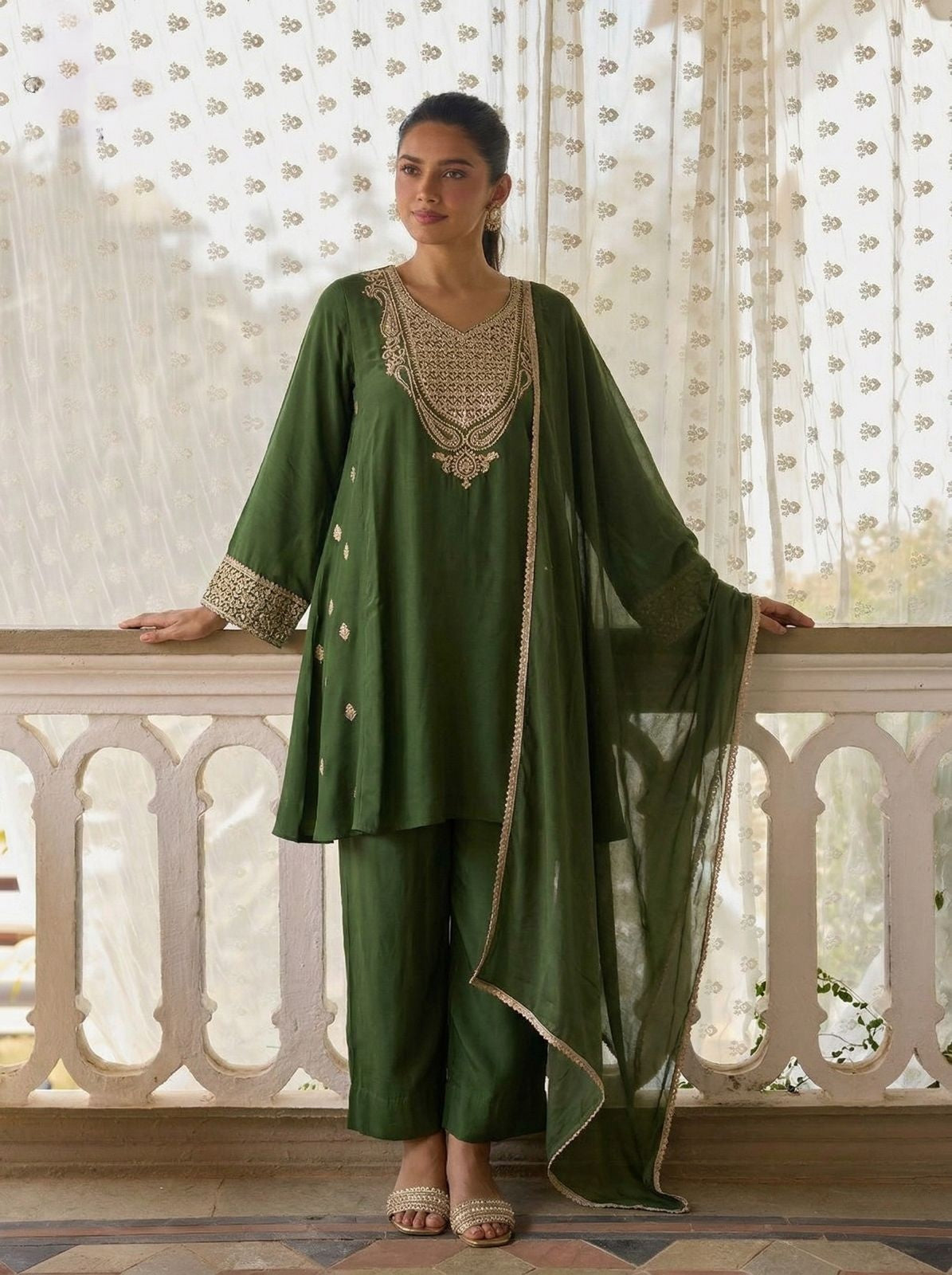 Green Pure Soft Cotton Silk Pent Style Ankle Length Salwar Suit