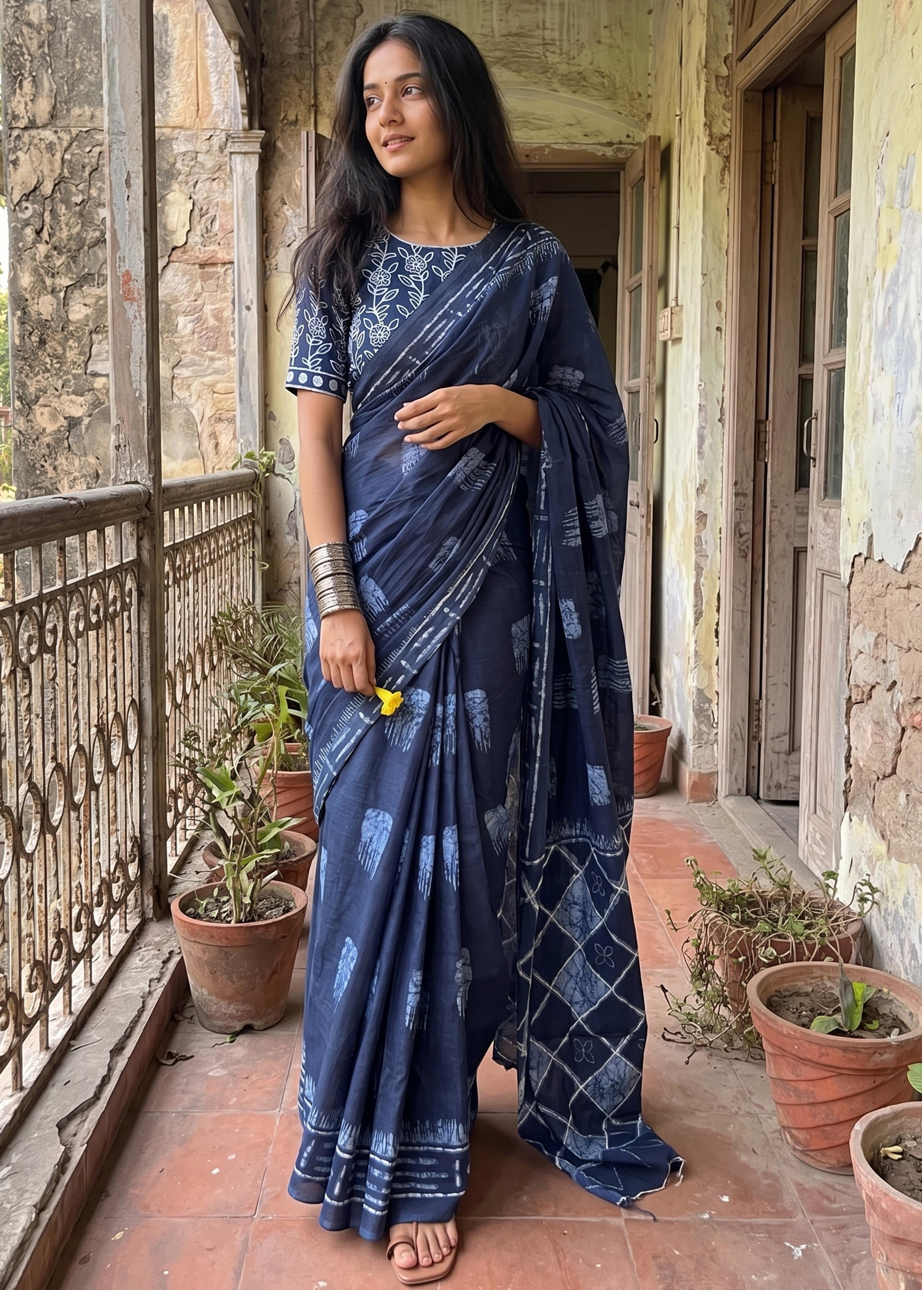 Blue Soft Pure Soft Mulmul Cotton Batik Hand Block Print Cotton Saree