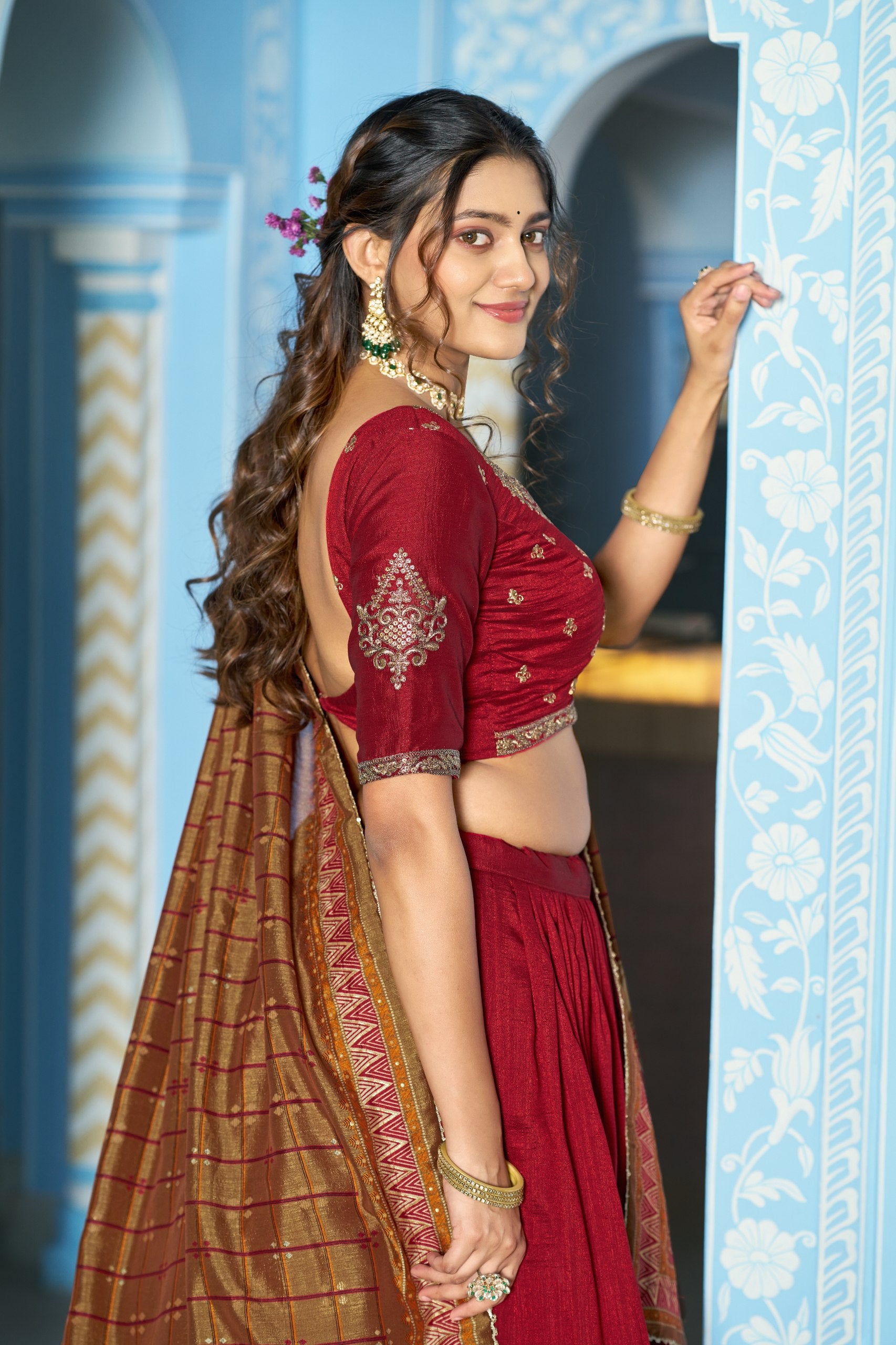 Maroon Pure Vichitra Silk Sequins and Thread Embroidery Work Lehenga Choli