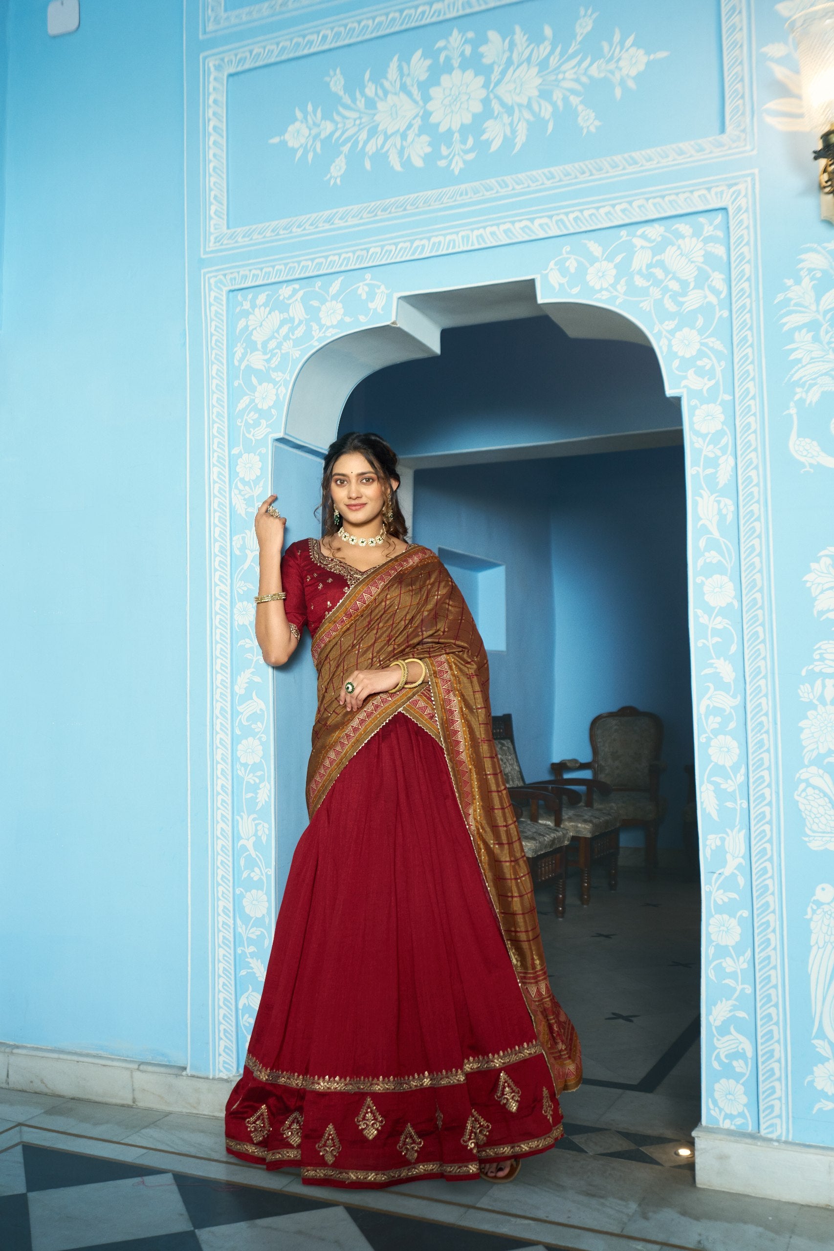 Maroon Pure Vichitra Silk Sequins and Thread Embroidery Work Lehenga Choli