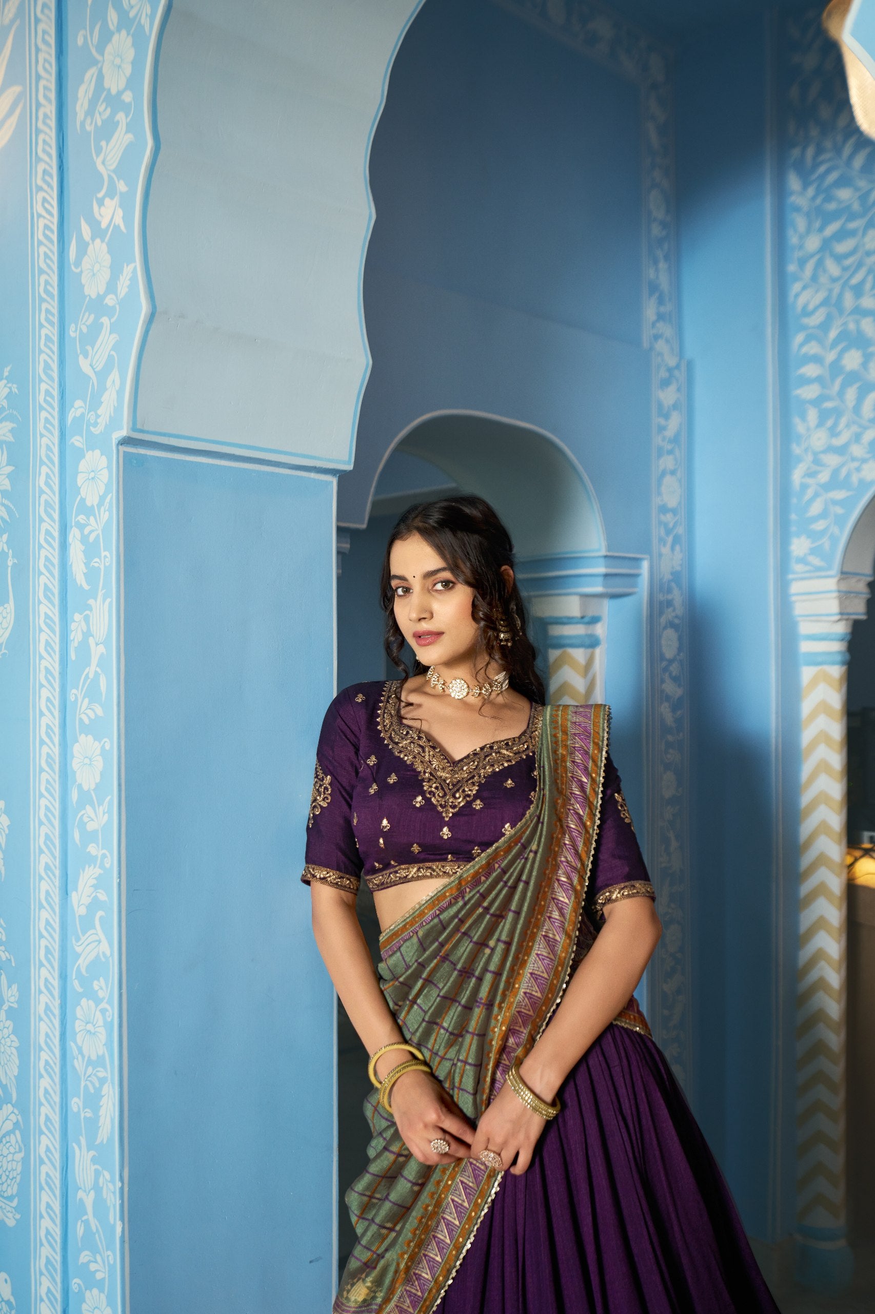 Purple Pure Vichitra Silk Sequins and Thread Embroidery Work Lehenga Choli