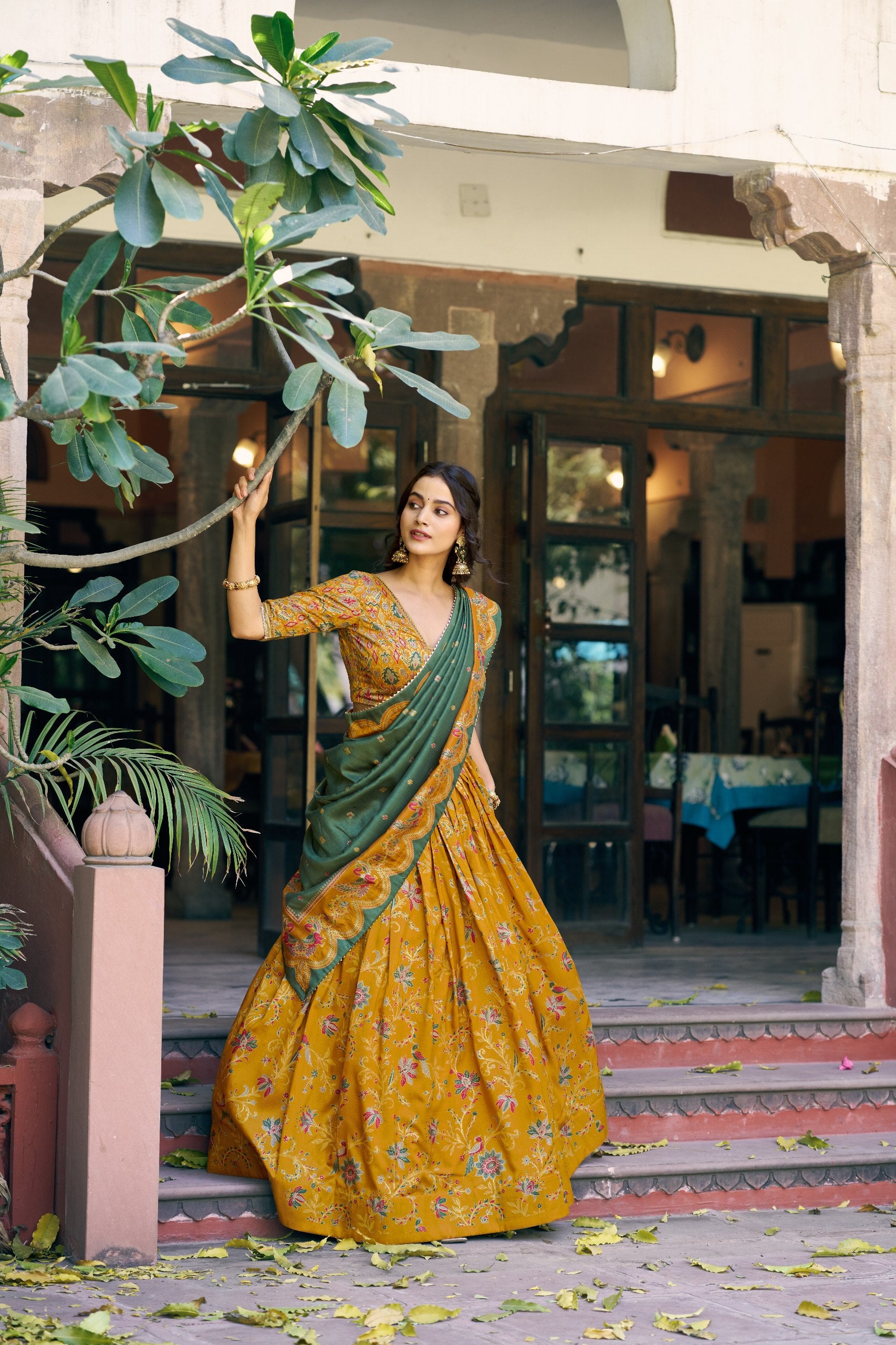 Mustard Pure Tasar Silk Gilded Motif Foil Printed Lehenga Choli