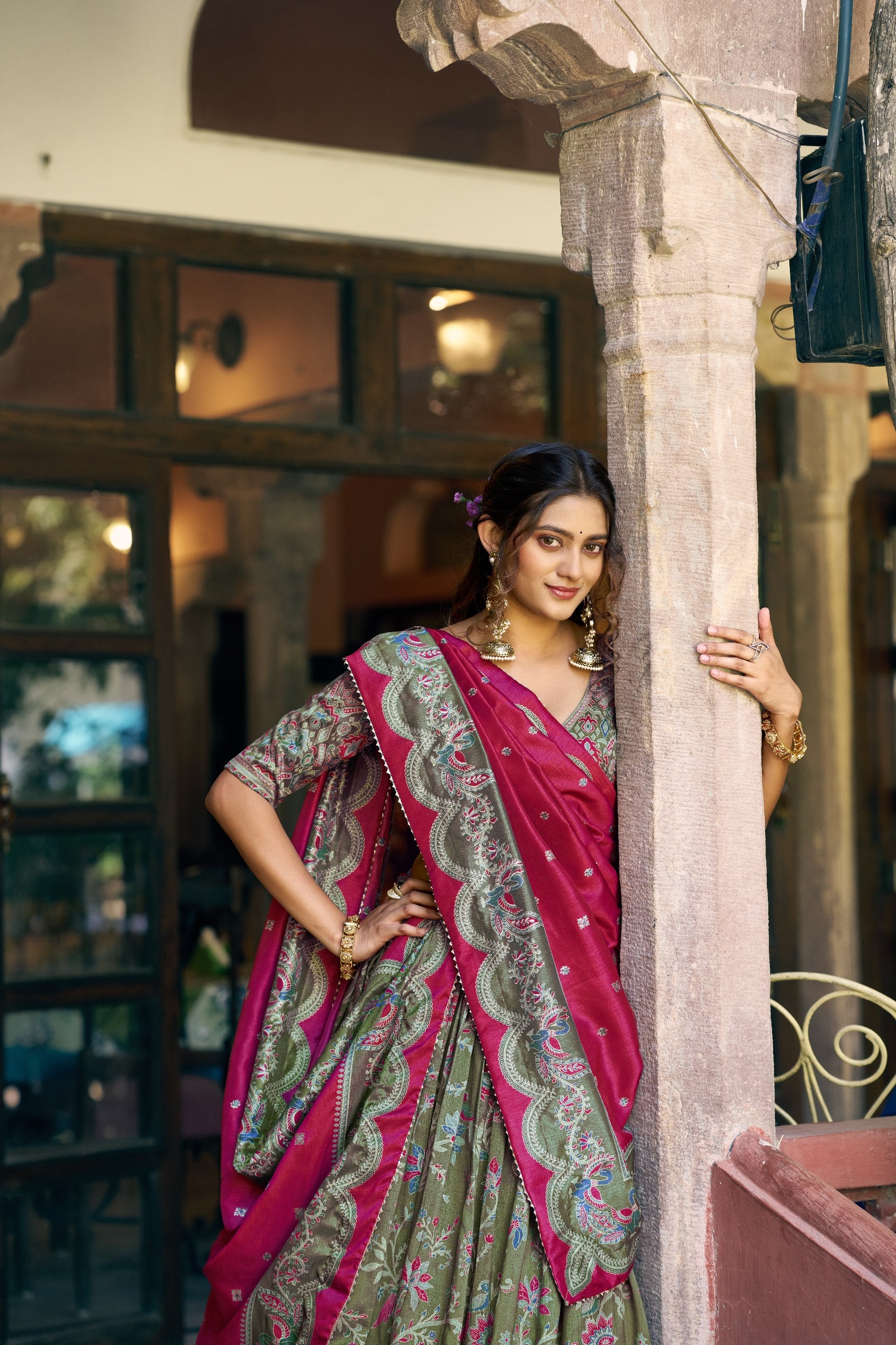 Green Pure Tasar Silk Gilded Motif Foil Printed Lehenga Choli