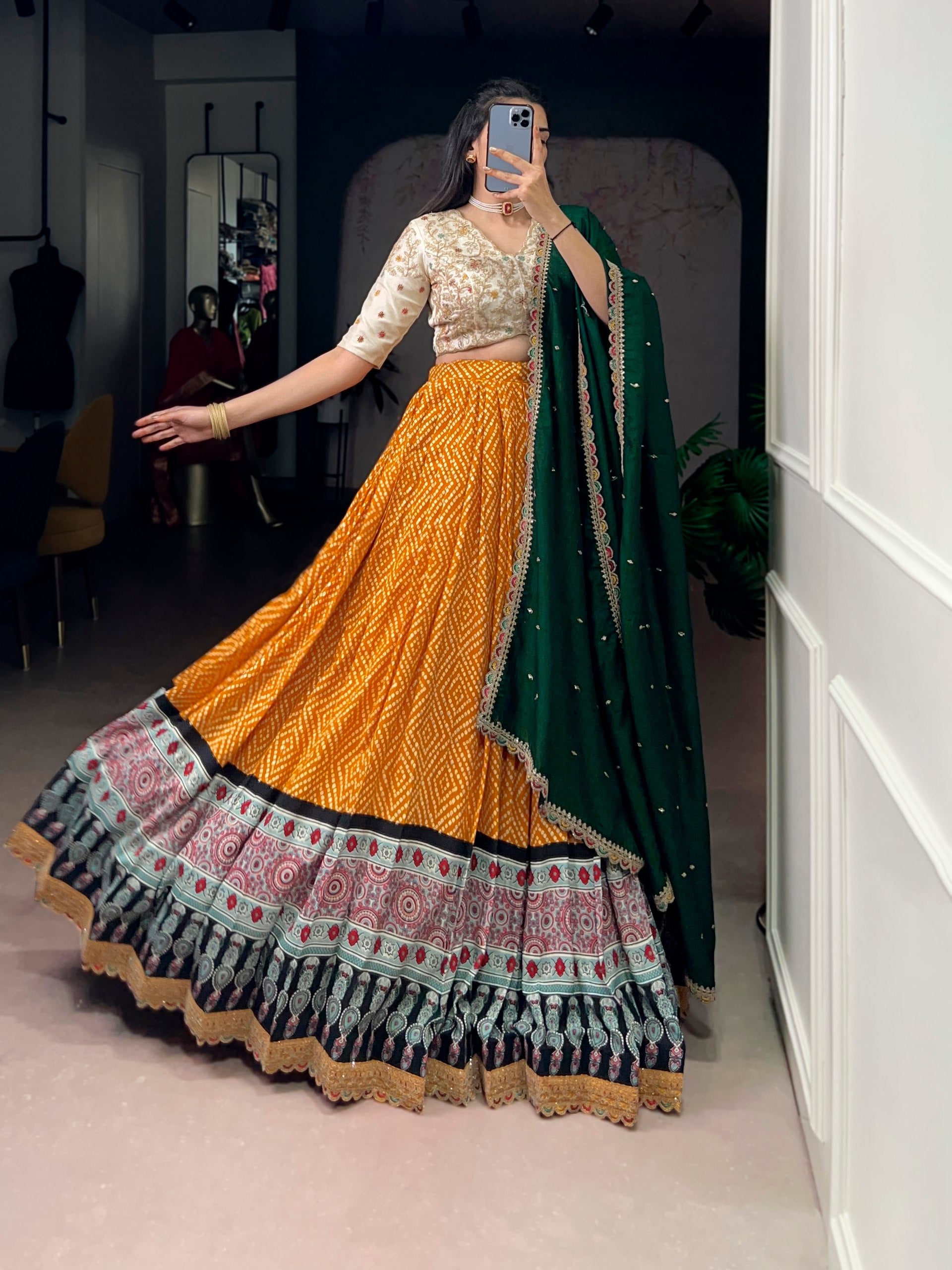 Yellow Pure Rayon Bandhej & Ajarakh Print With Sequins Lehenga Choli