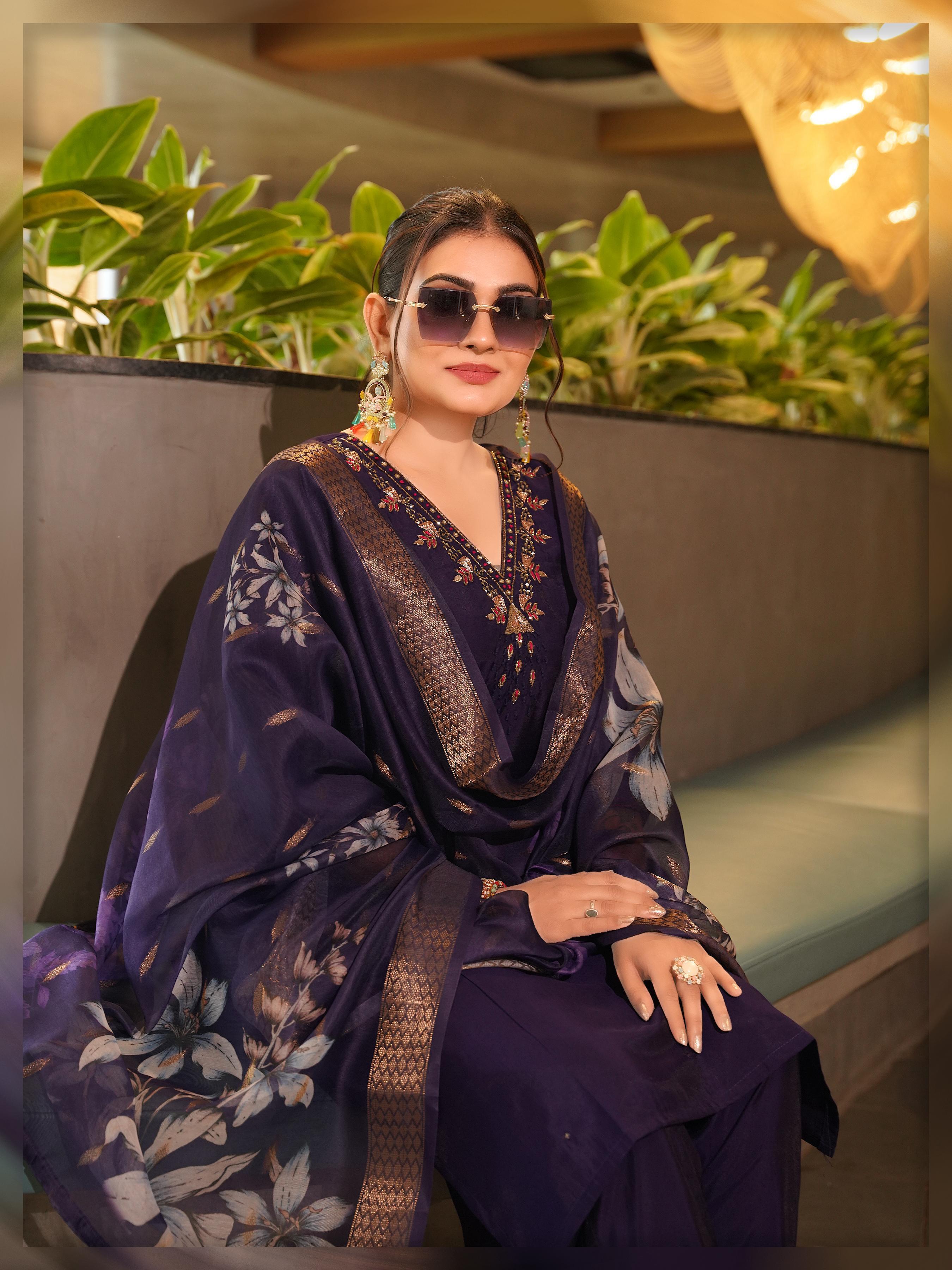 Purple Pure Premium Roman silk Kurti Pant Dupatta Set