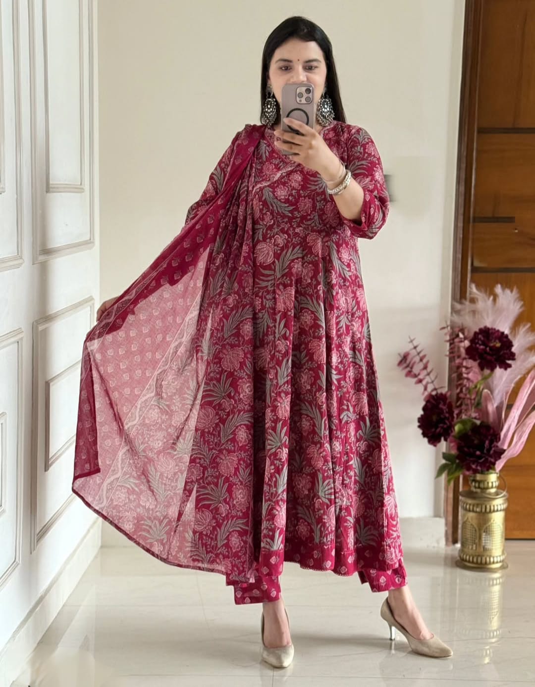 Cream Pure Premium Jaipuri Cotton Pure 60x60 Kurti Pant Dupatta Set