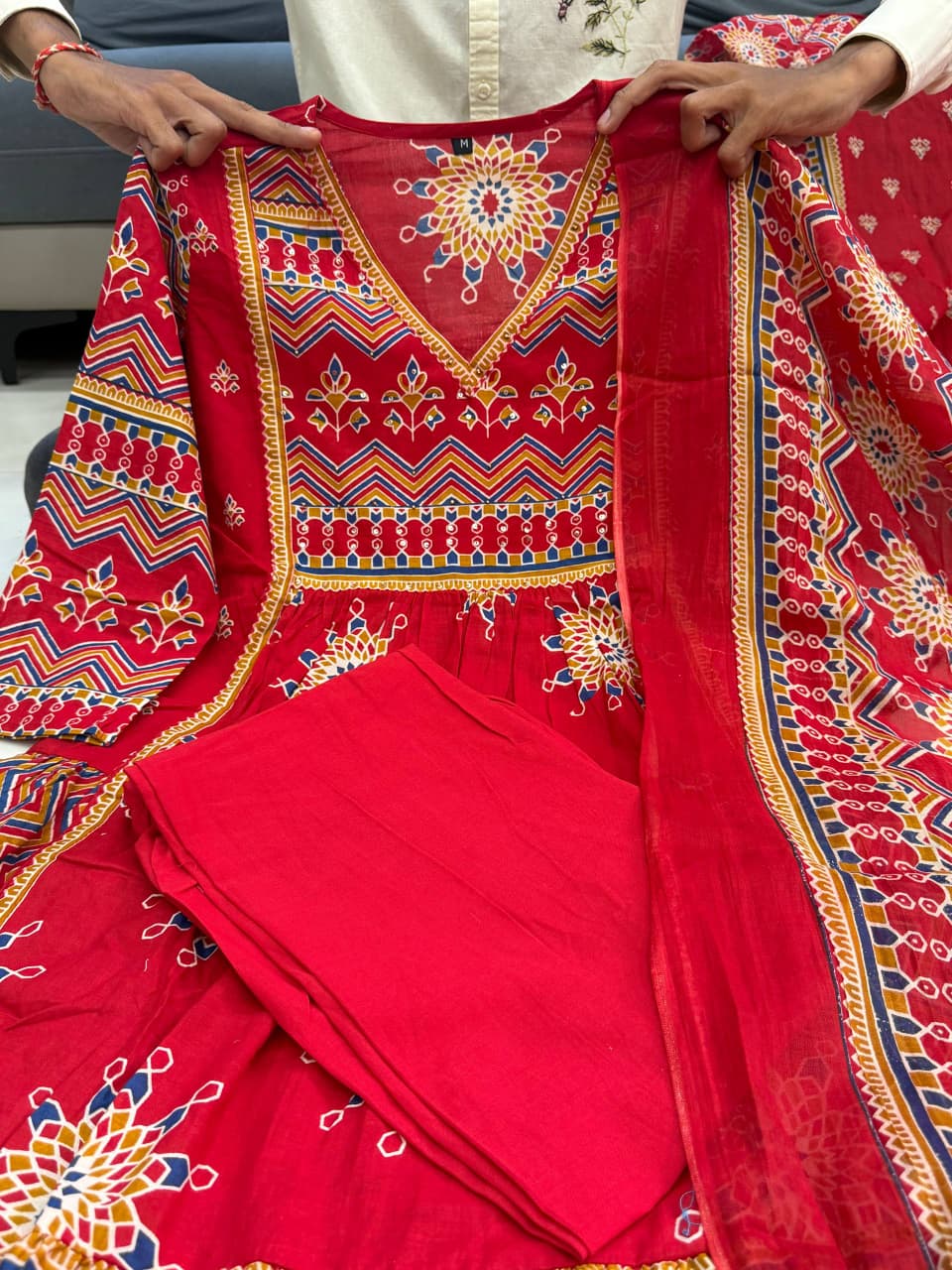 Red Pure Cotton 60x60 Kurti Pant Dupatta Set