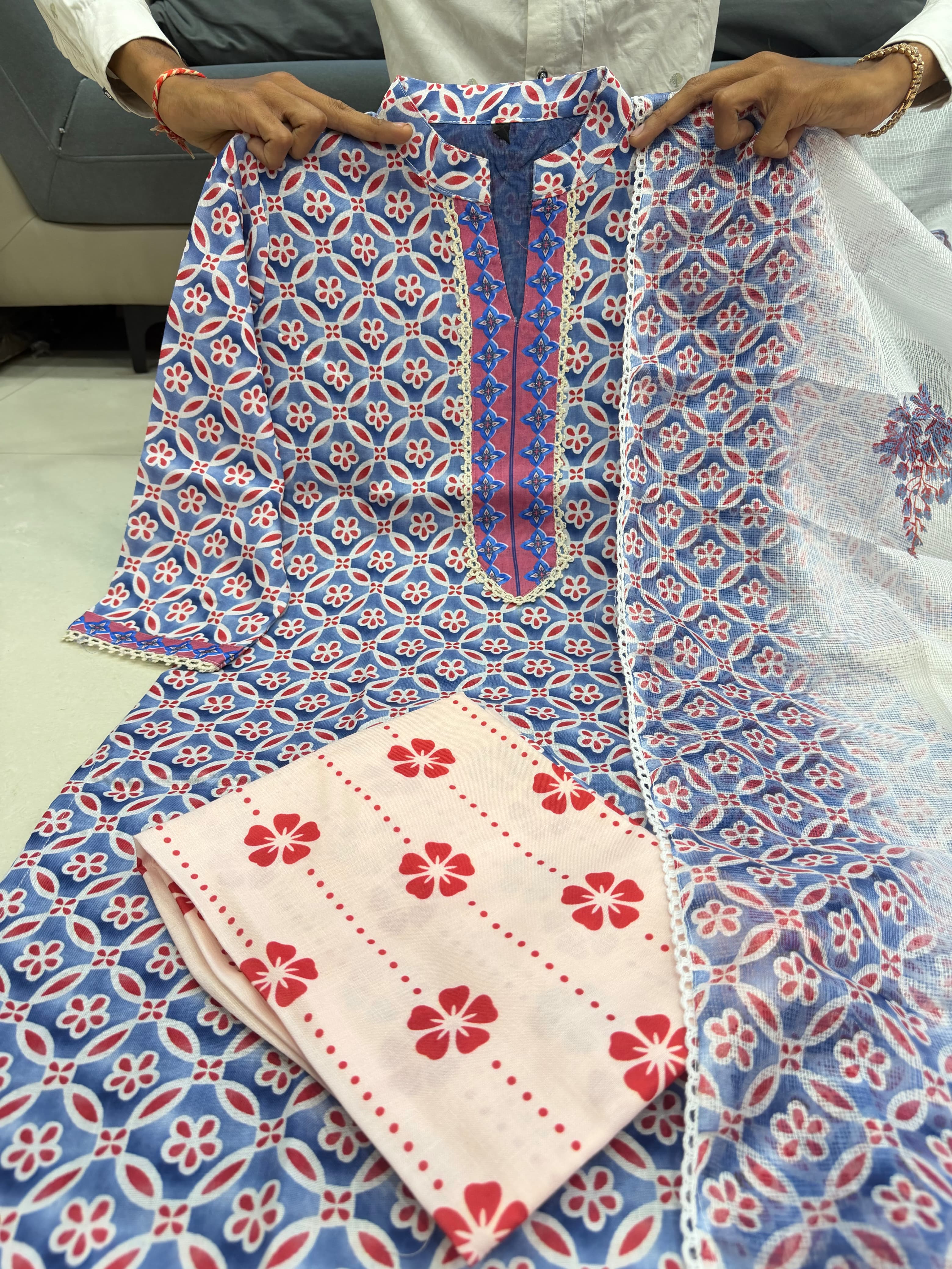 Blue Pure Pure Lilan Silk Heavy Printed Kurti Pant Dupatta Set