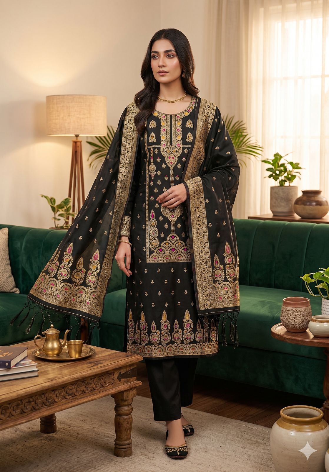 Black Pure Zari Banarasi Silk Kurti Pant Dupatta Set