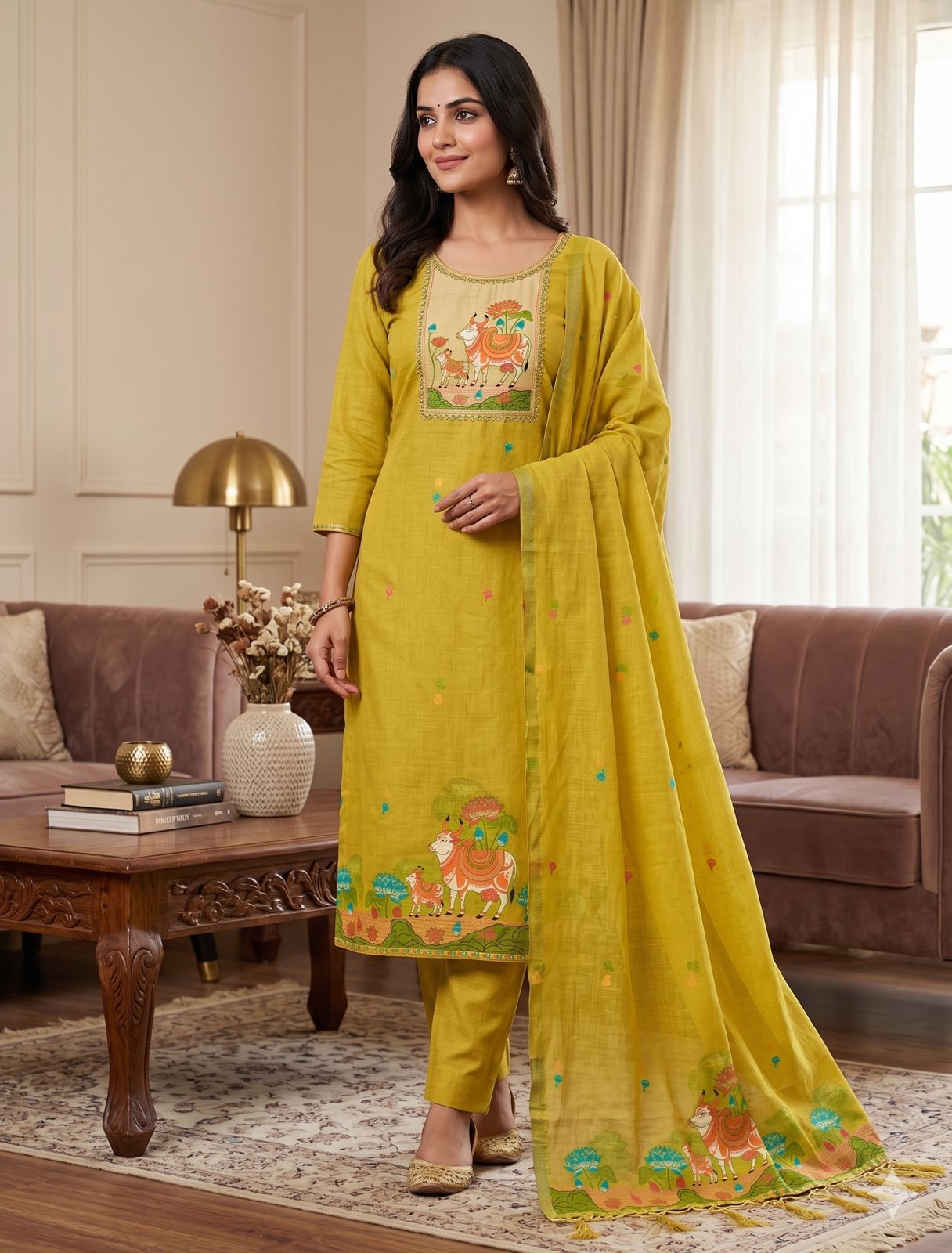 Yellow Pure Muga Cotton Jamdani Pichwai Weaving Salwar Suit