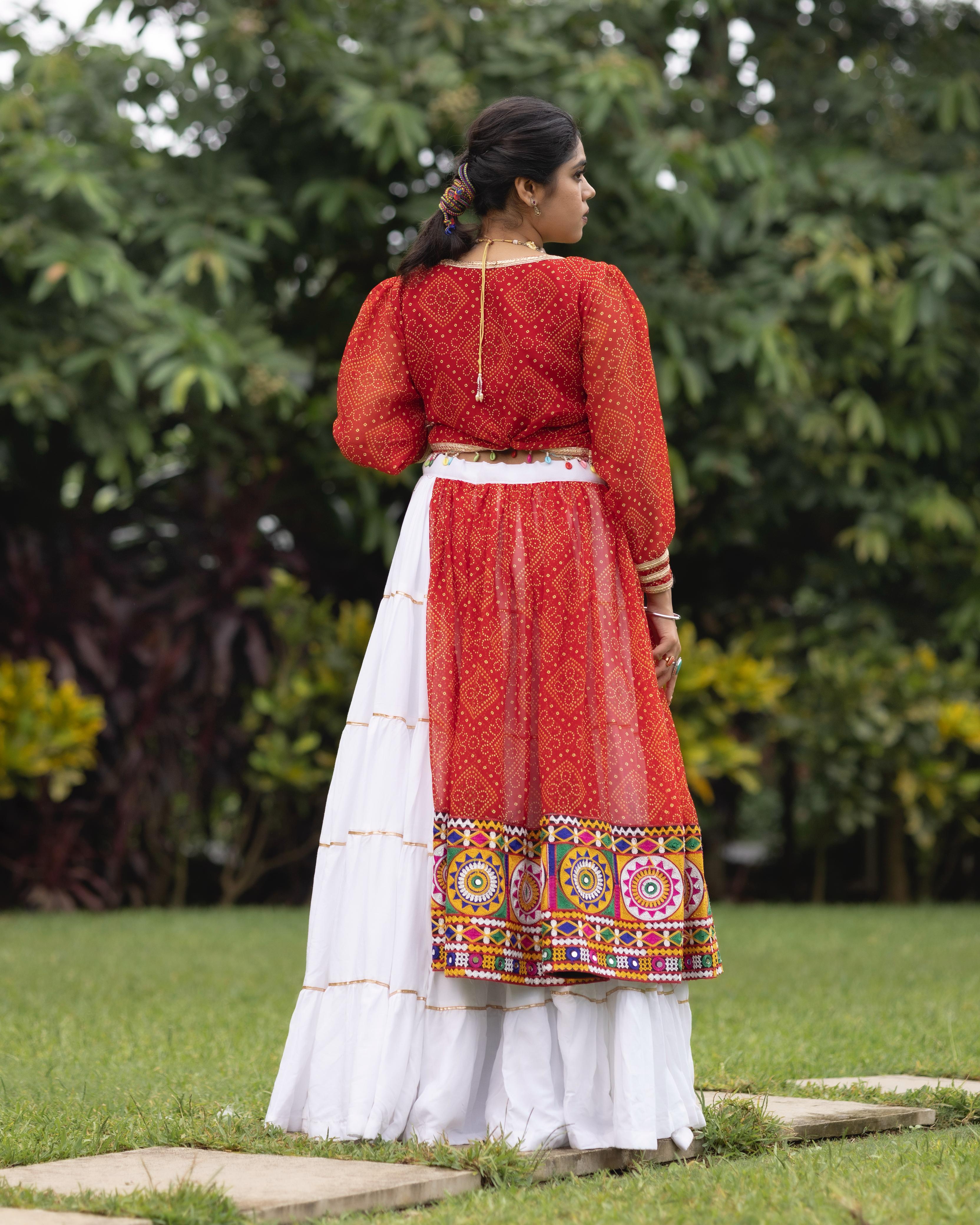 Red Pure Rayon Cotton With Faux Print Navratri Lehenga Choli