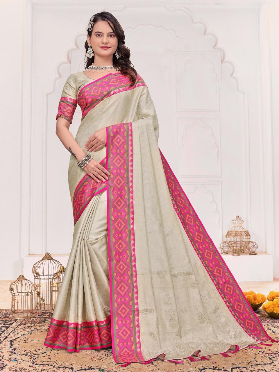 Cream Pure Jecqard Weaving Silk Saree With Kurta Pajama Jacket Matching Couple Combo Set