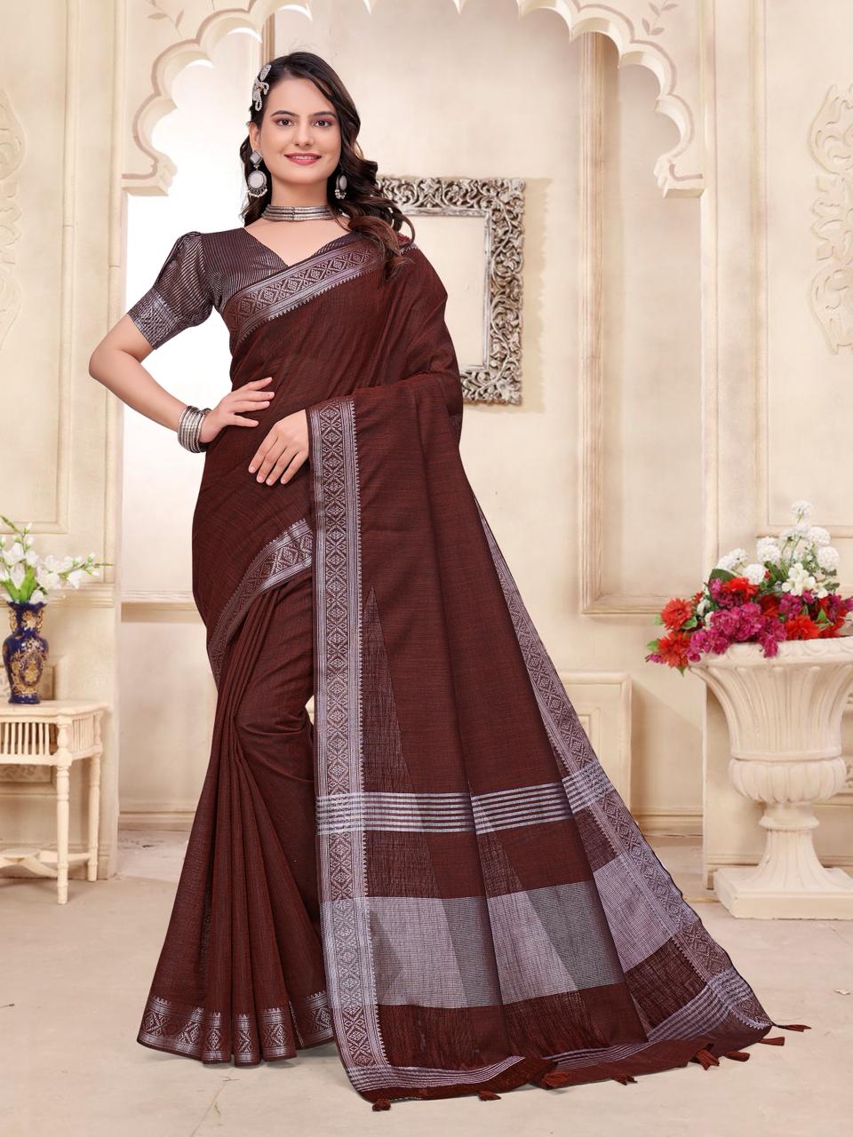 Maroon Pure Cotton Linen Saree With Linen Kurta Pajama Jacket Matching Couple Combo Set